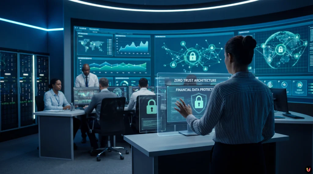 Architettura Zero Trust: Guida Tecnica per Dati Finanziari Schema di sicurezza informatica con scudo digitale e verifica identità
