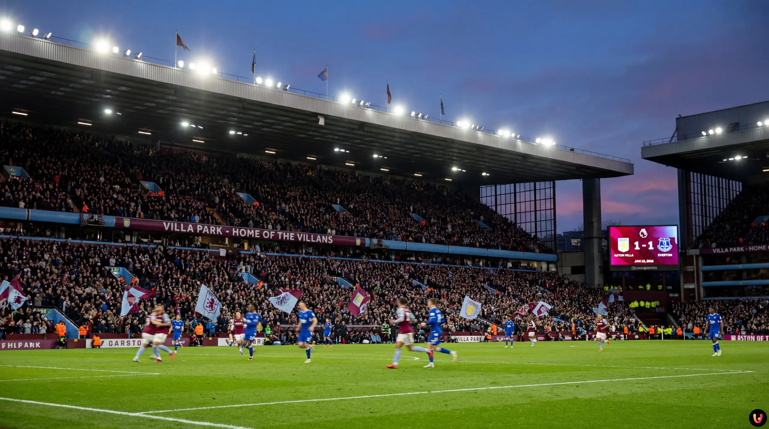 Aston Villa vs Everton : Choc à Villa Park Joueurs d'Aston Villa et Everton en plein match sur la pelouse de Villa Park