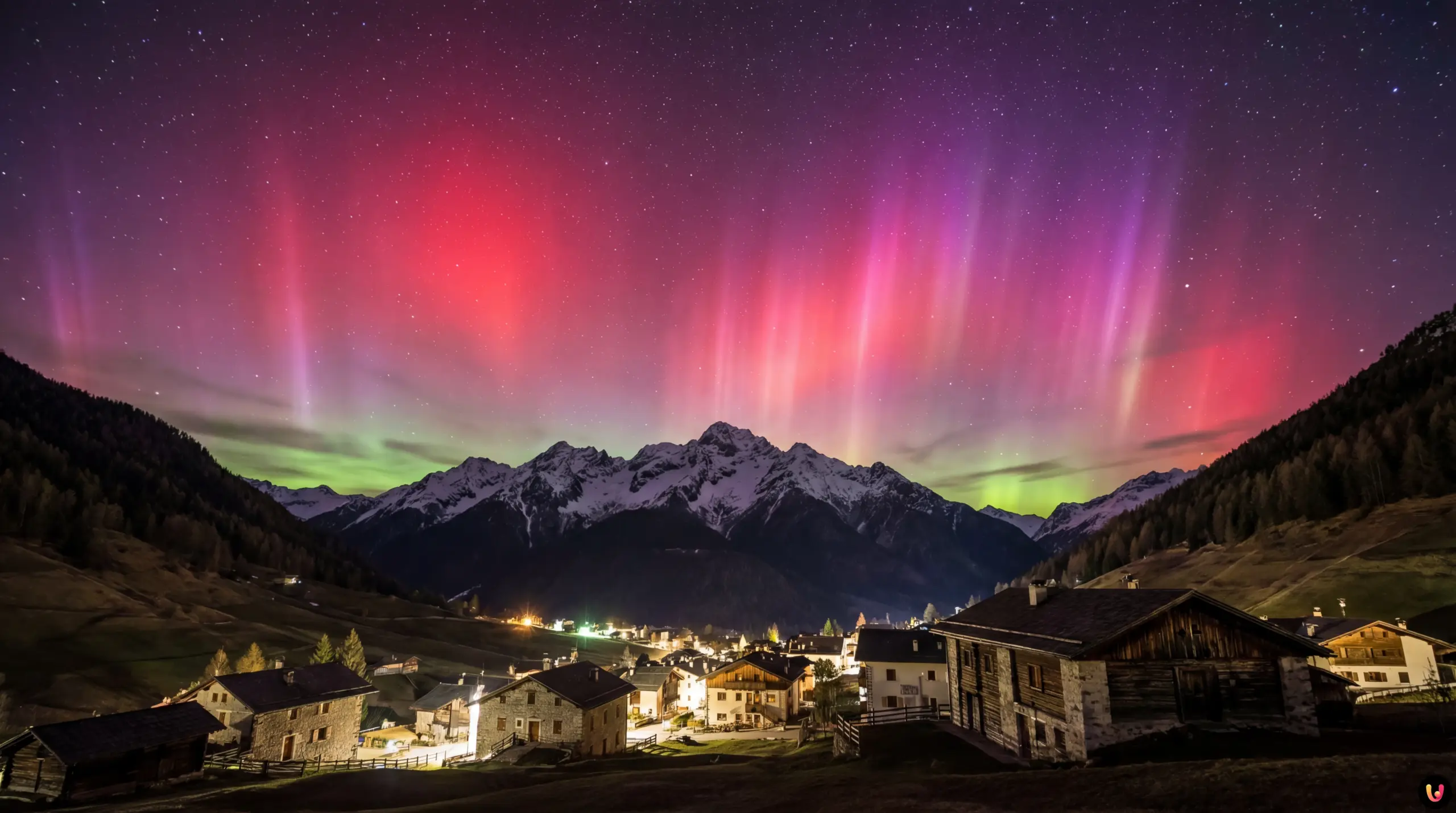 Cielo notturno sulle Dolomiti illuminato da aurora boreale rosa e viola in Italia
