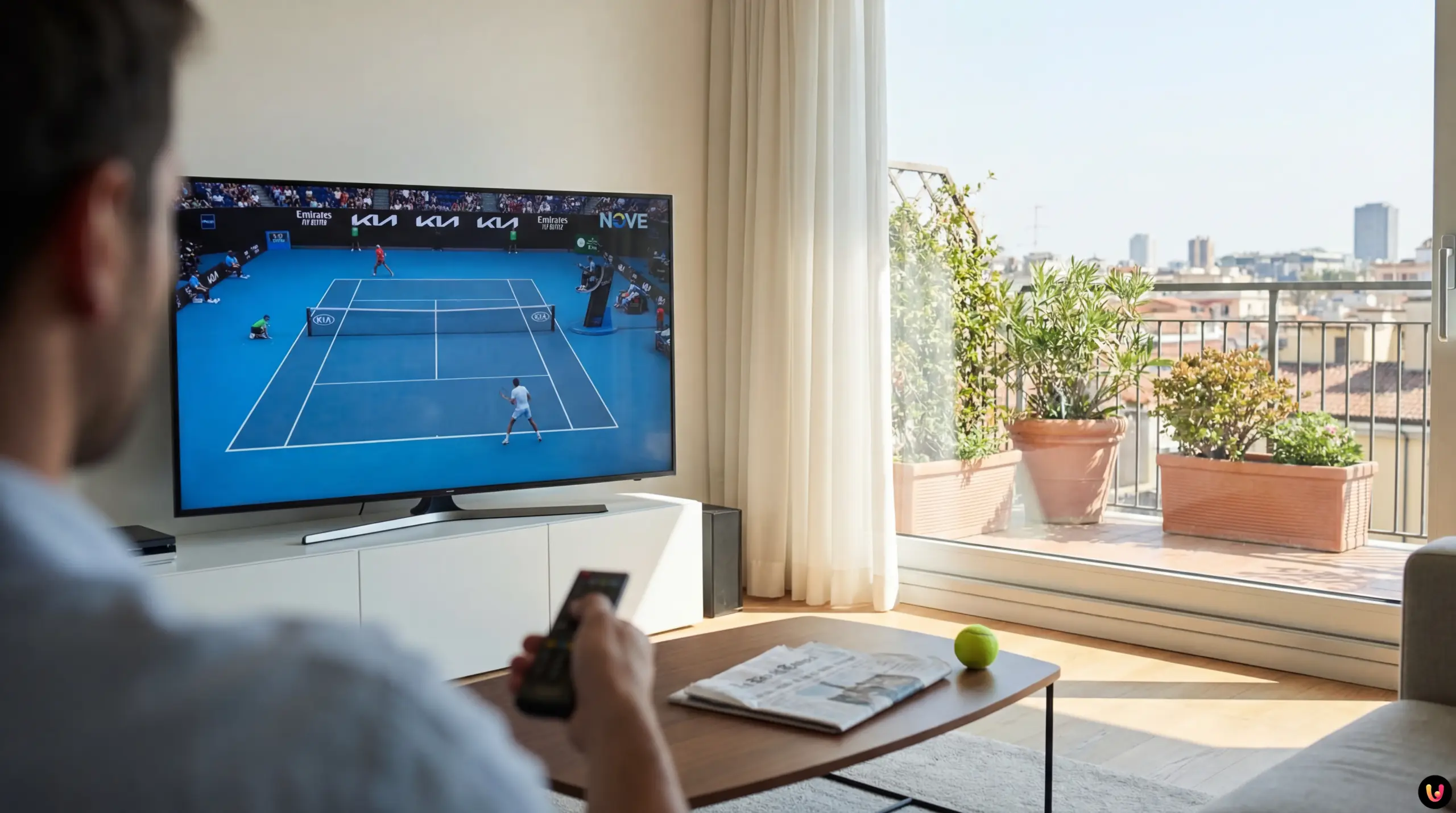 Campo da tennis Australian Open e logo canale NOVE per la diretta in chiaro
