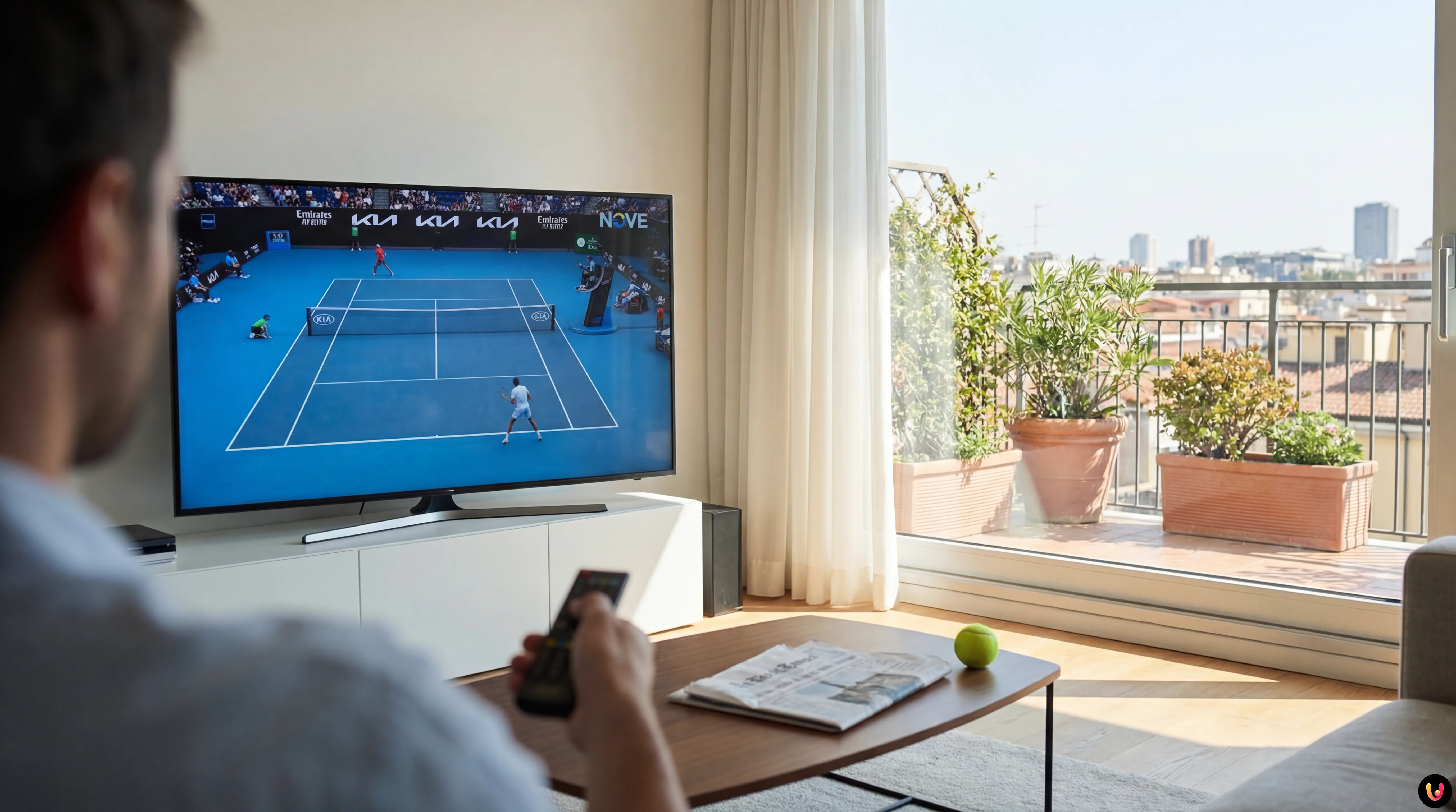 Campo da tennis Australian Open e logo canale NOVE per la diretta in chiaro