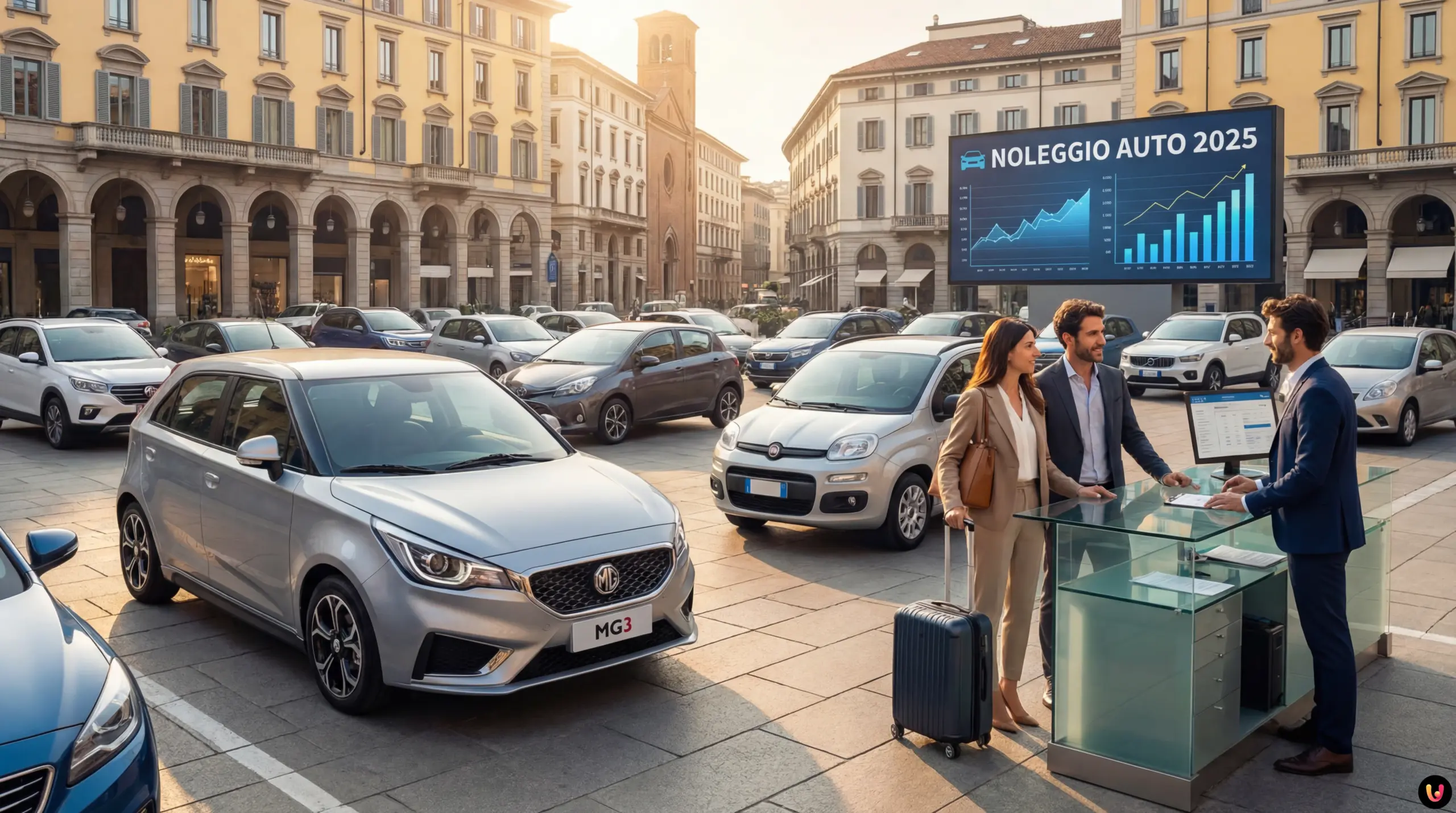 Auto più noleggiate 2025: i dati del boom in Italia Flotta di auto moderne parcheggiate che rappresenta il boom del noleggio 2025