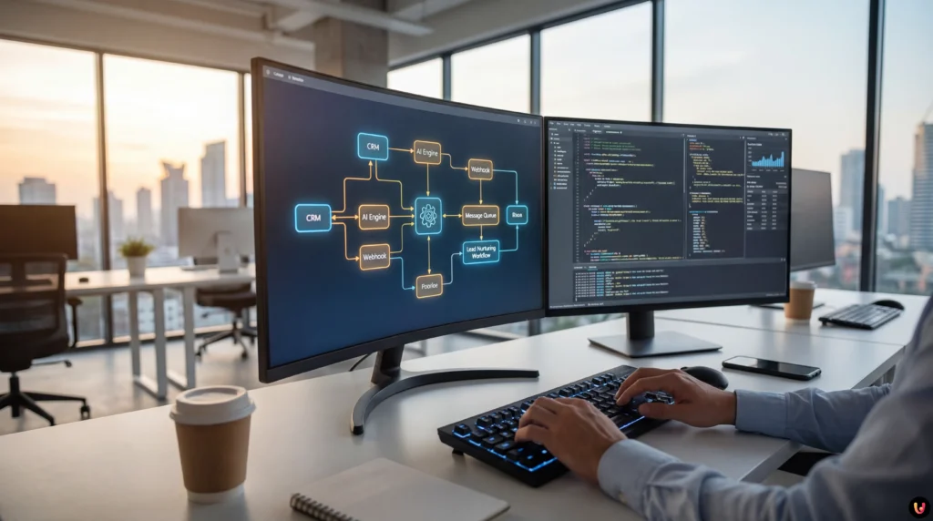 Automatisation du Lead Nurturing : Guide Technique sur le CRM, l’IA et les Webhooks Diagramme du flux de données entre CRM, IA générative et Webhooks