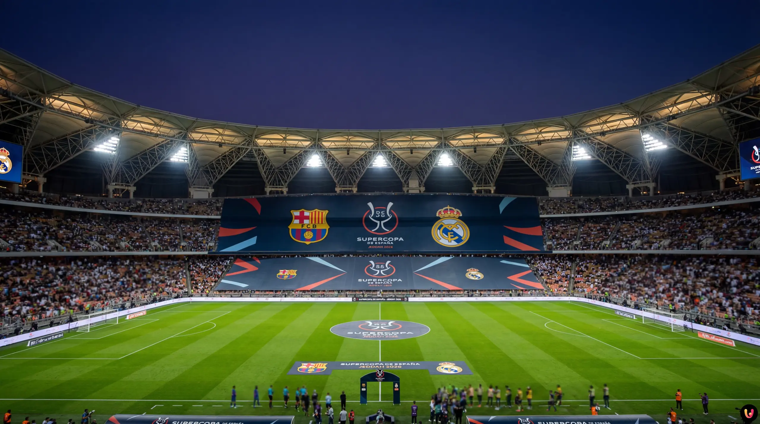Grafica della sfida Barcellona-Real Madrid per la finale di Supercoppa di Spagna 2026