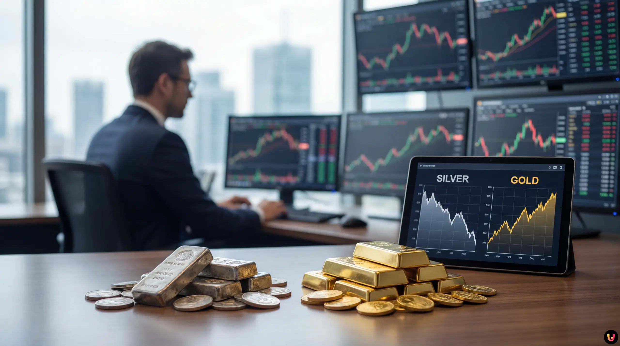 Previsioni Argento e Oro 2026: Analisi BCA Research Lingotti d'argento e monete d'oro su grafico finanziario per analisi investimenti