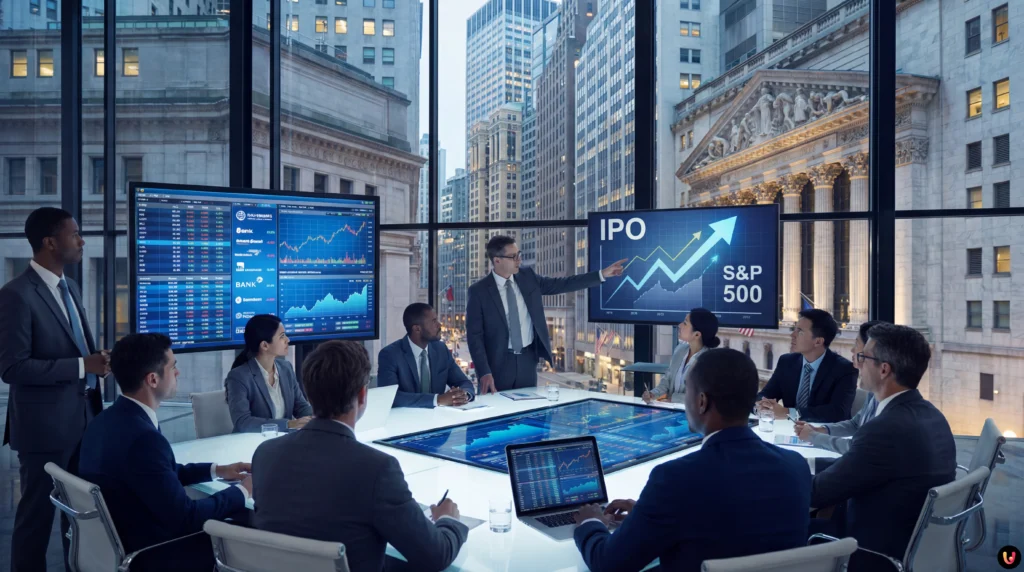 Bending Spoons verso Wall Street: scelte le banche per l’IPO Logo Bending Spoons e bandiera USA sullo sfondo di Wall Street per l'annuncio dell'IPO