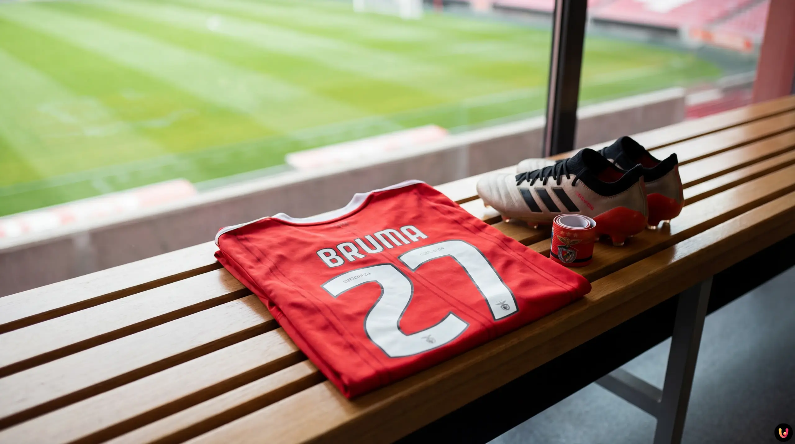 Bruma del Benfica sorridente in maglia rossa durante un allenamento