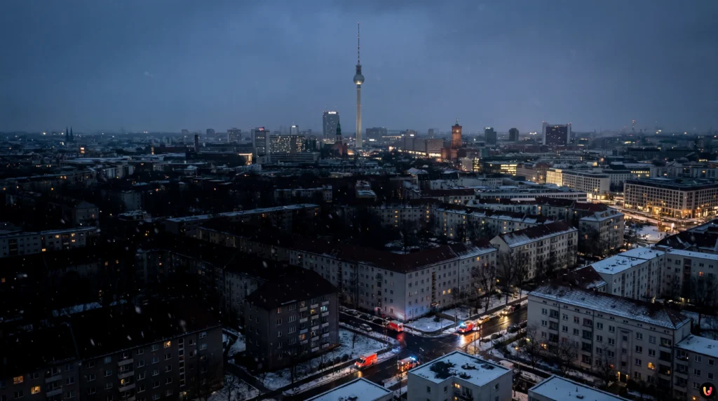 Panorama di Berlino al buio e cavi elettrici danneggiati da incendio doloso a Steglitz