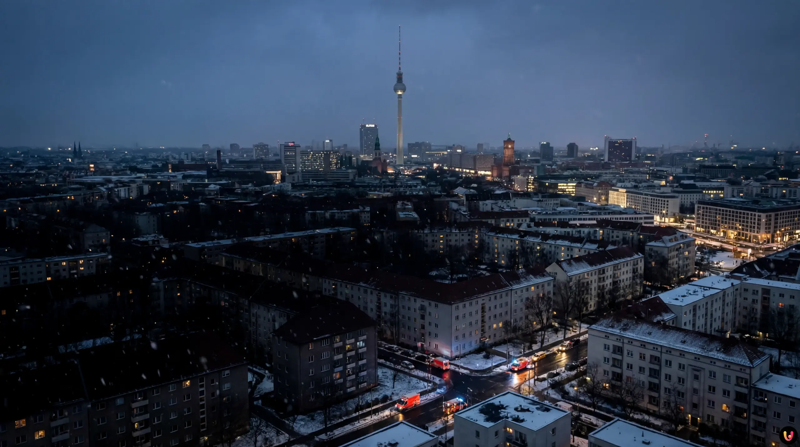 Panorama di Berlino al buio e cavi elettrici danneggiati da incendio doloso a Steglitz