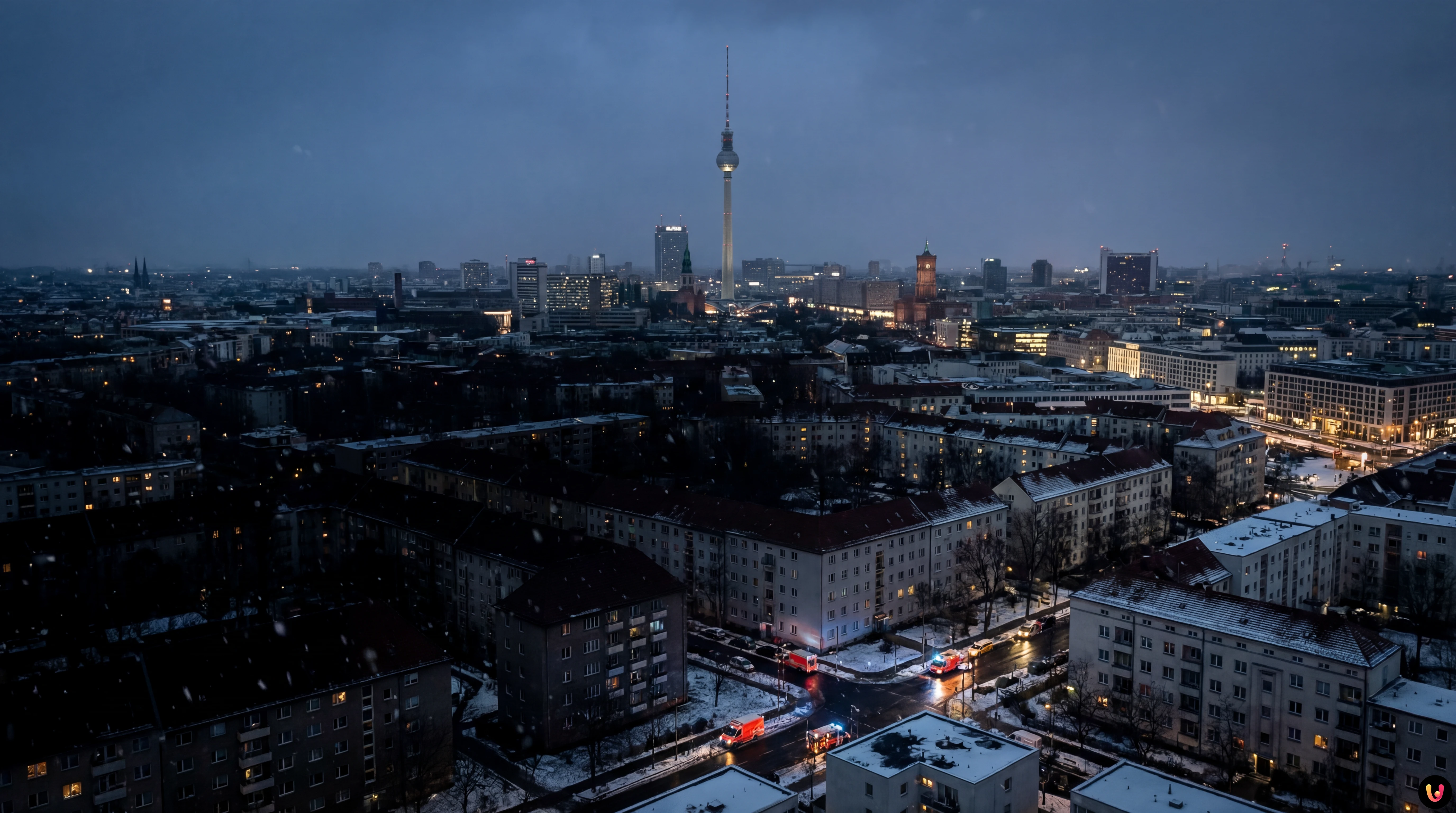 Blackout Berlino: sabotaggio cavi e ombra russa Panorama di Berlino al buio e cavi elettrici danneggiati da incendio doloso a Steglitz