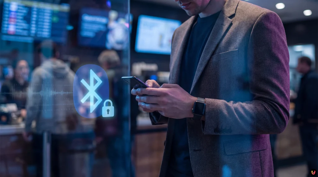 Bluetooth sempre acceso: rischi sicurezza e privacy nel 2026 Smartphone con icona Bluetooth attiva e simbolo di pericolo hacker su sfondo digitale