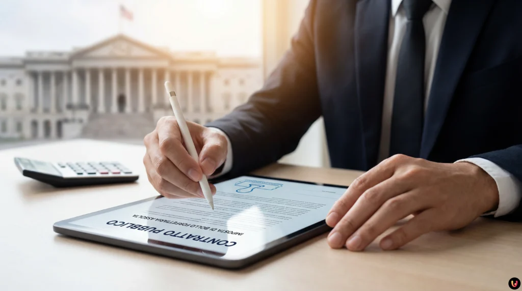 Bollo Contratti Pubblici: Esteso il Regime Forfettario 2026 Firma su contratto appalto pubblico con calcolatrice e documenti fiscali