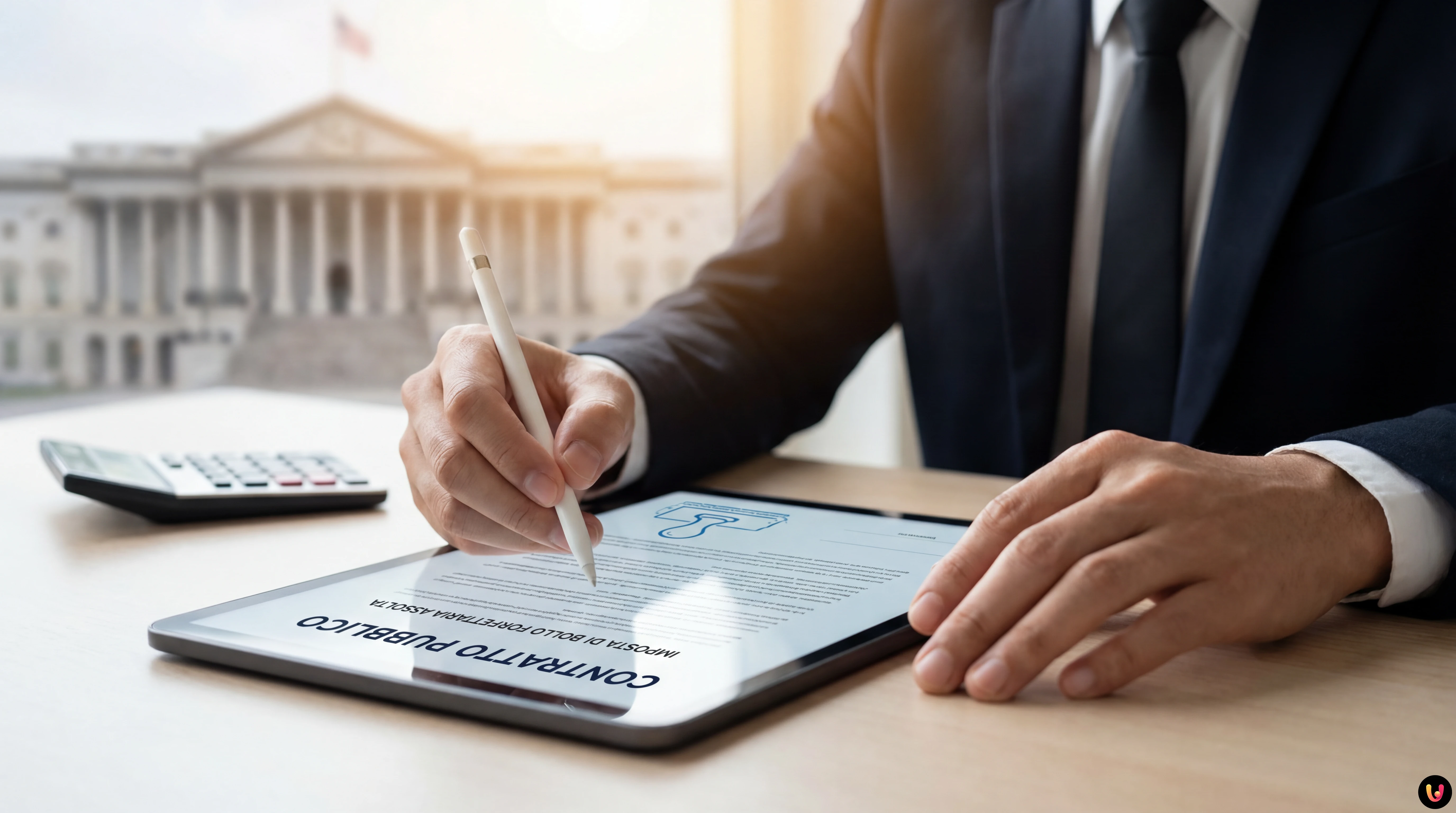 Firma su contratto appalto pubblico con calcolatrice e documenti fiscali