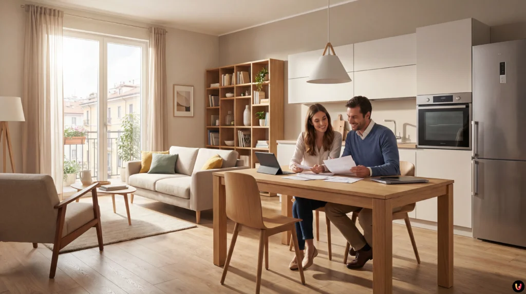 Soggiorno moderno arredato con nuovi mobili acquistati con Bonus Mobili 2026