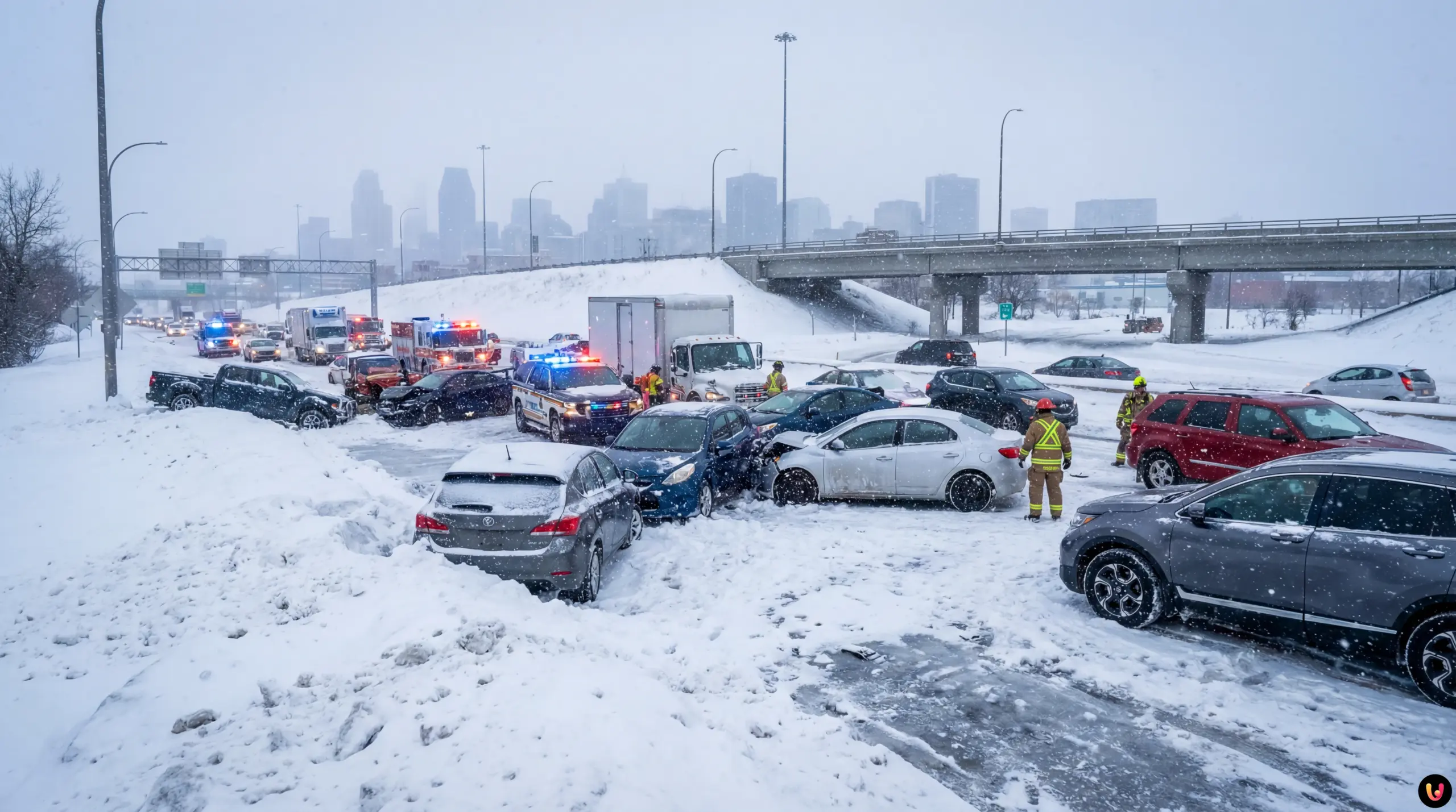 Carambolage de plusieurs v&eacute;hicules sur la route 132 enneig&eacute;e &agrave; Longueuil.