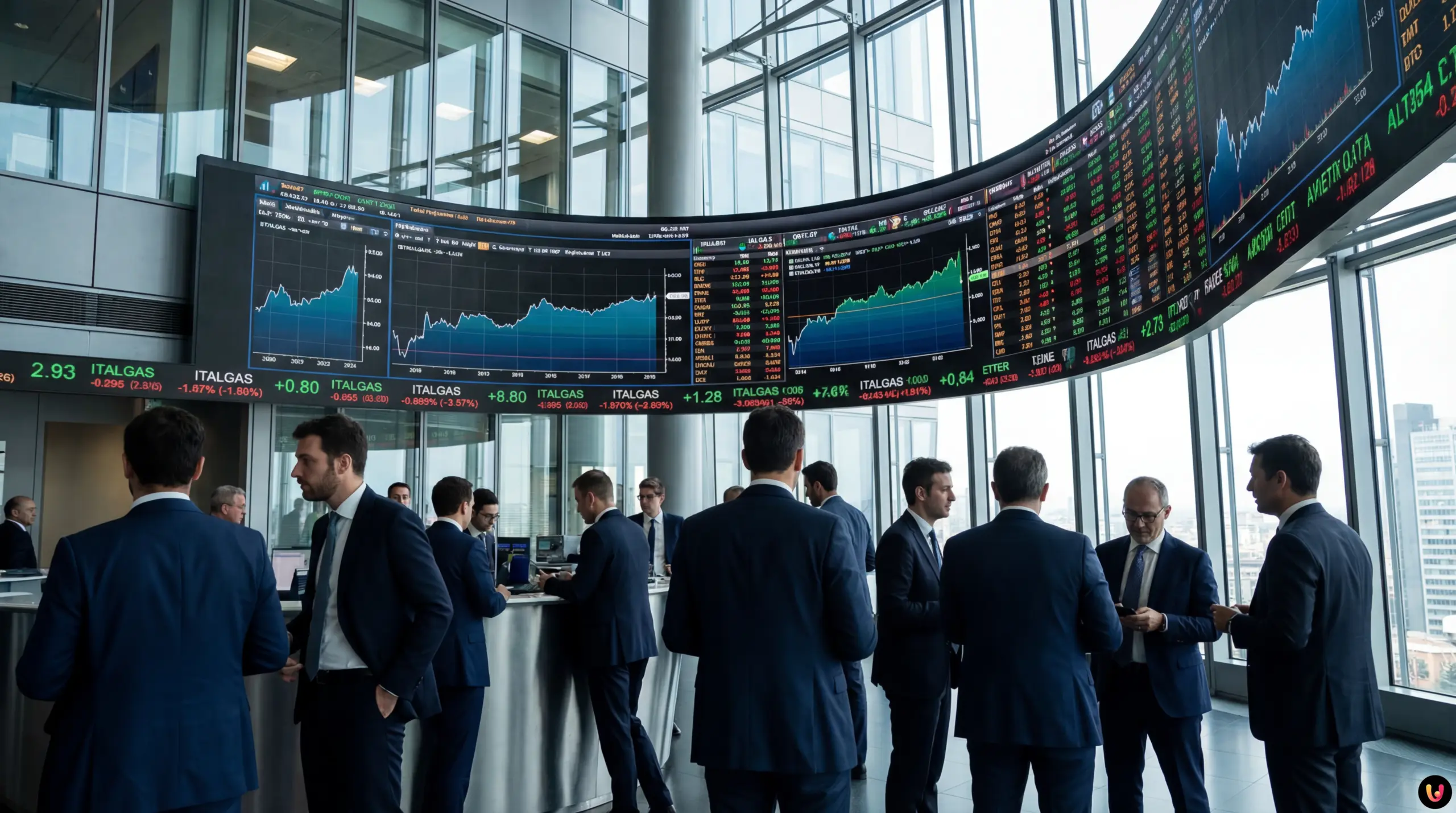 Tabellone elettronico di Piazza Affari con grafici finanziari in rialzo e indici verdi