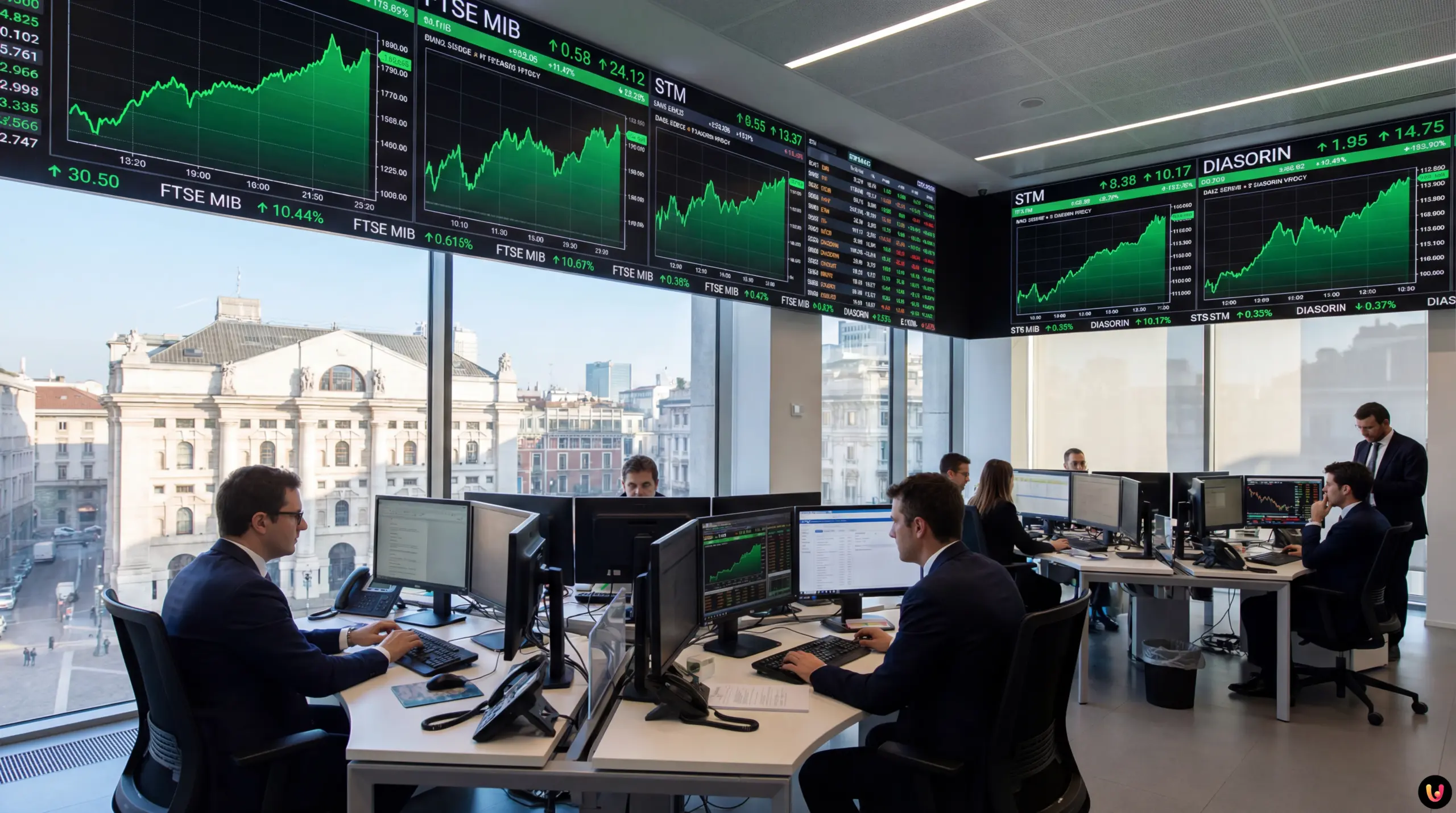 Grafico indici Borsa di Milano in rialzo con focus su azioni Stm e Diasorin