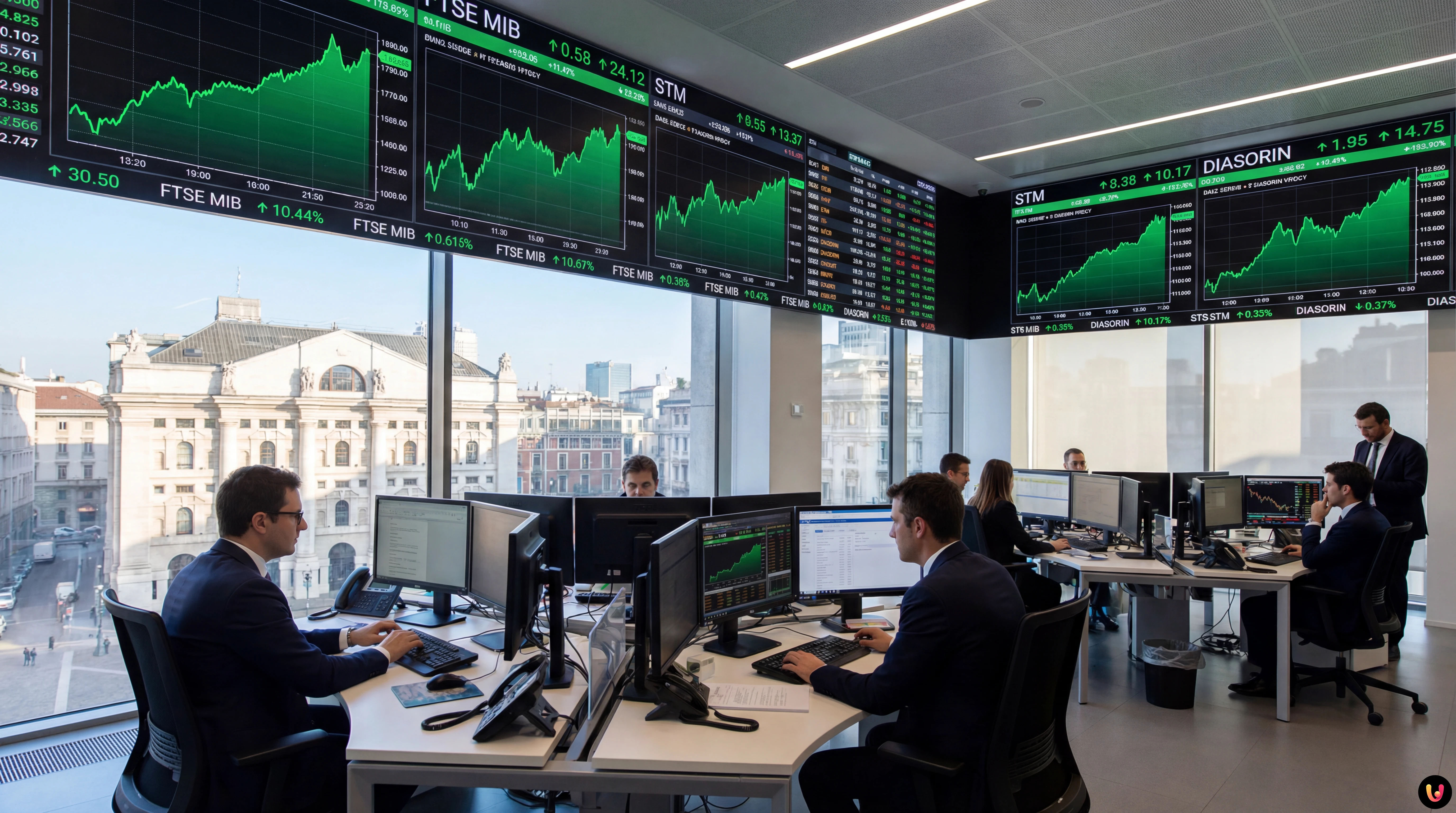 Grafico indici Borsa di Milano in rialzo con focus su azioni Stm e Diasorin