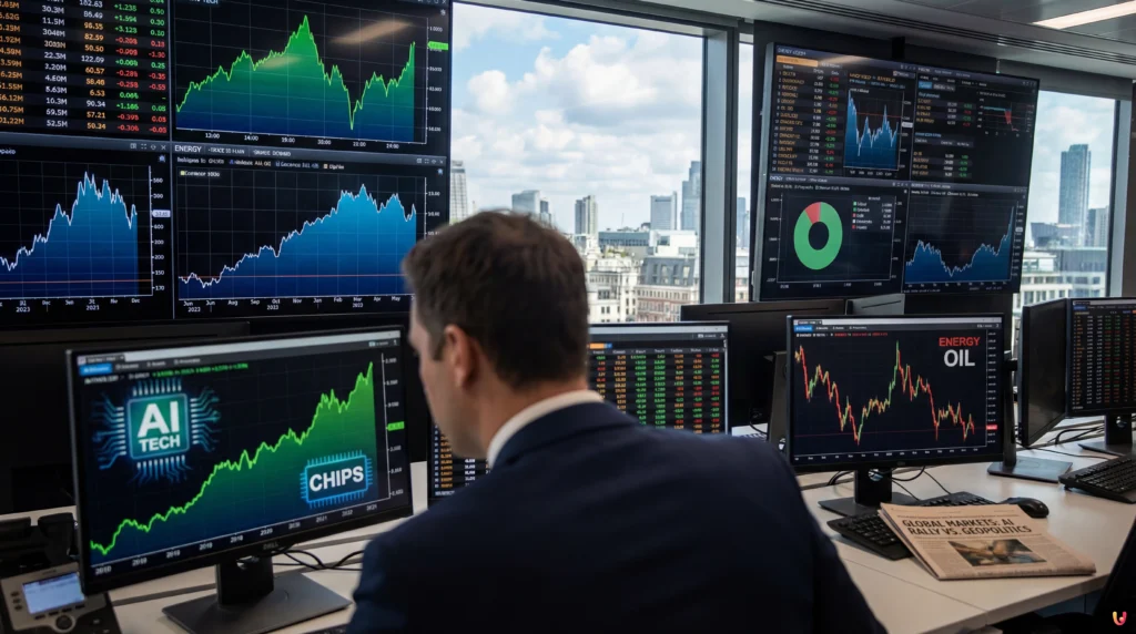 Grafici andamento borse europee con simboli tecnologia e petrolio