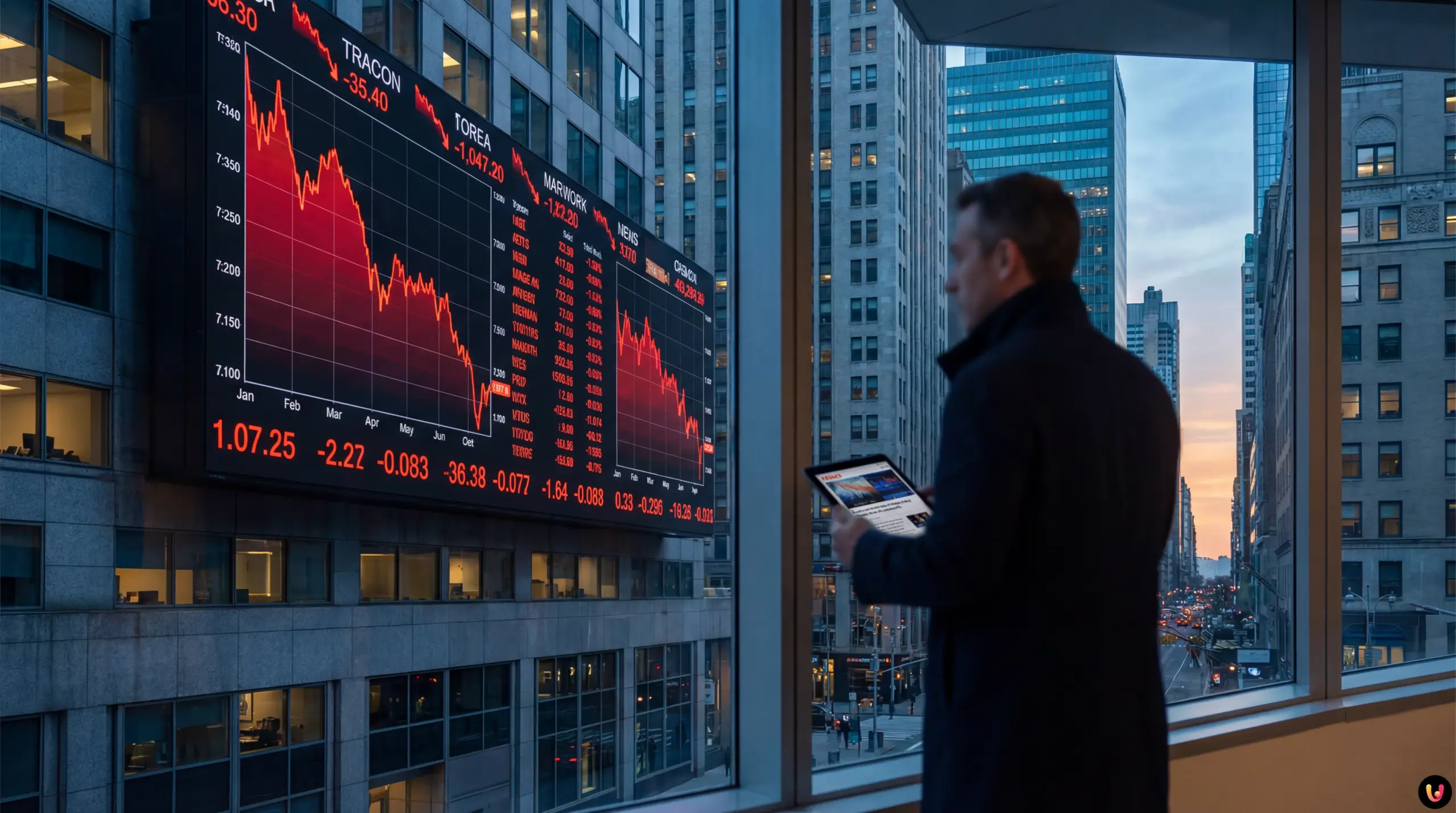 Grafico andamento borsa in calo con indici finanziari in rosso