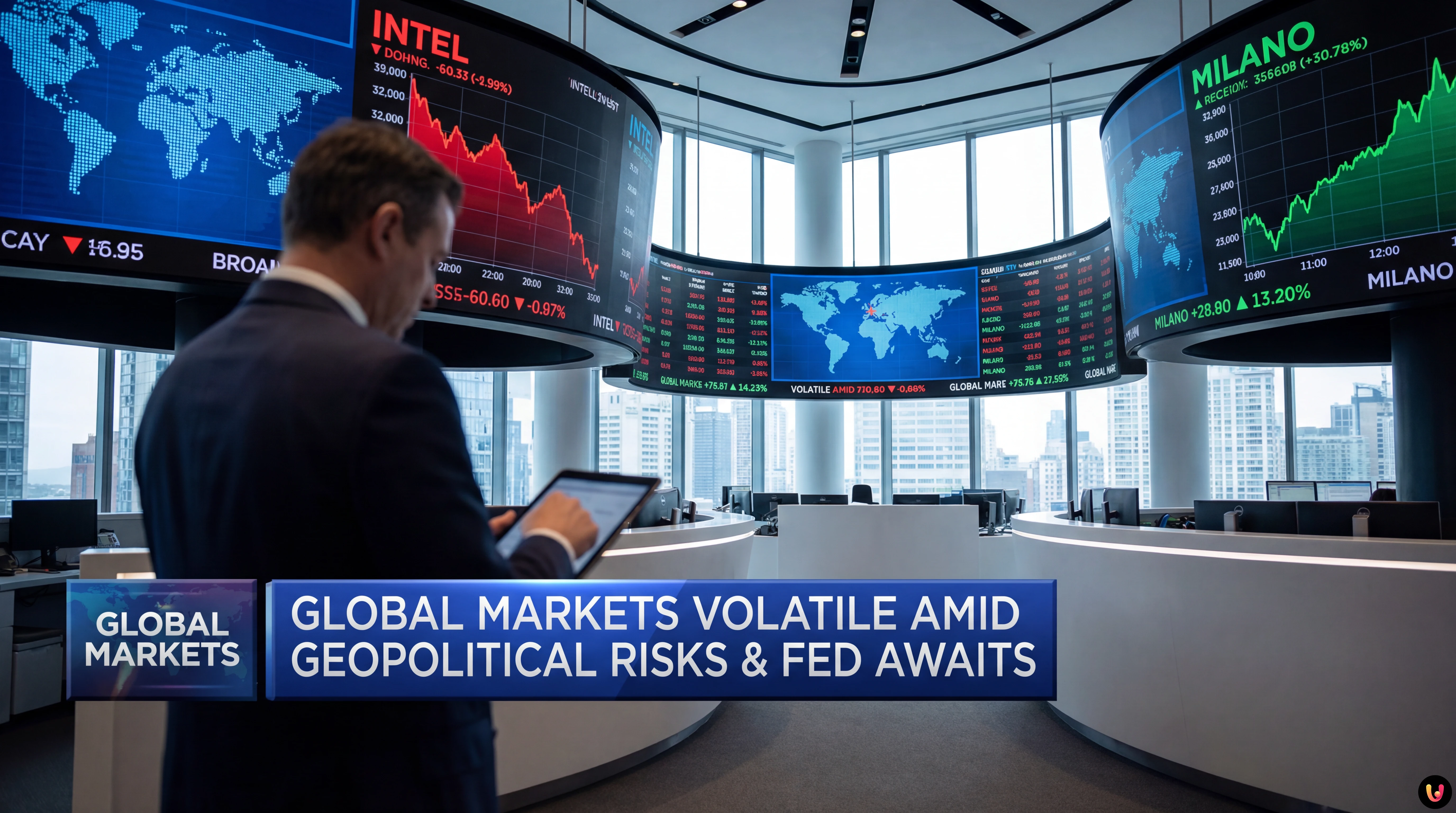 Crollo Intel e scatto Milano: borse e attesa Fed Grafici finanziari che mostrano il crollo di Intel e il rialzo di Piazza Affari