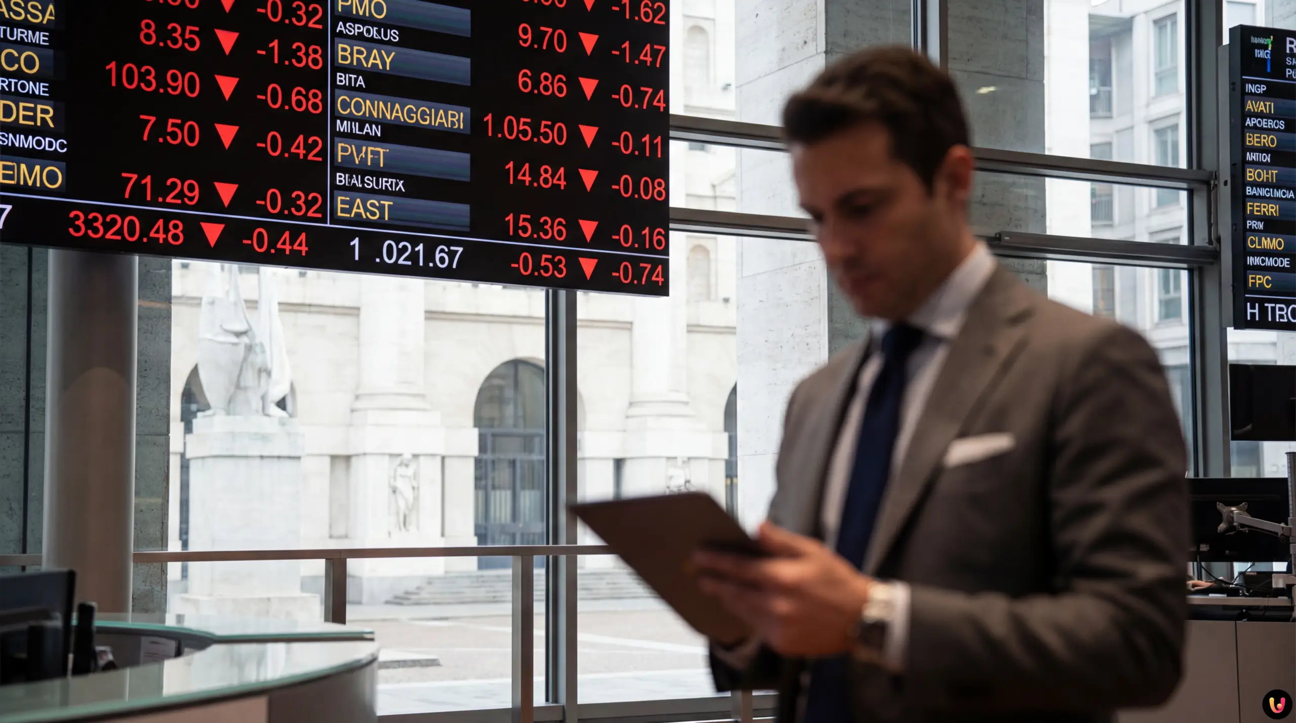 Tabellone Borsa Milano con indici in rosso per Cucinelli e banche