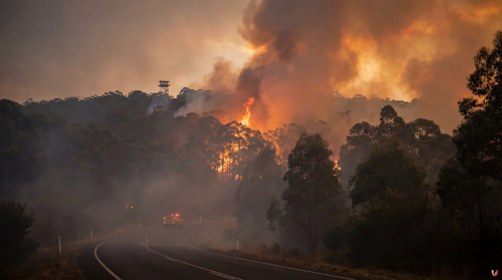 Bushfire Jumps Containment Lines in Victoria’s Otways as Heatwave Intensifies Thick smoke and flames rising from the forest in Great Otway National Park during a bushfire