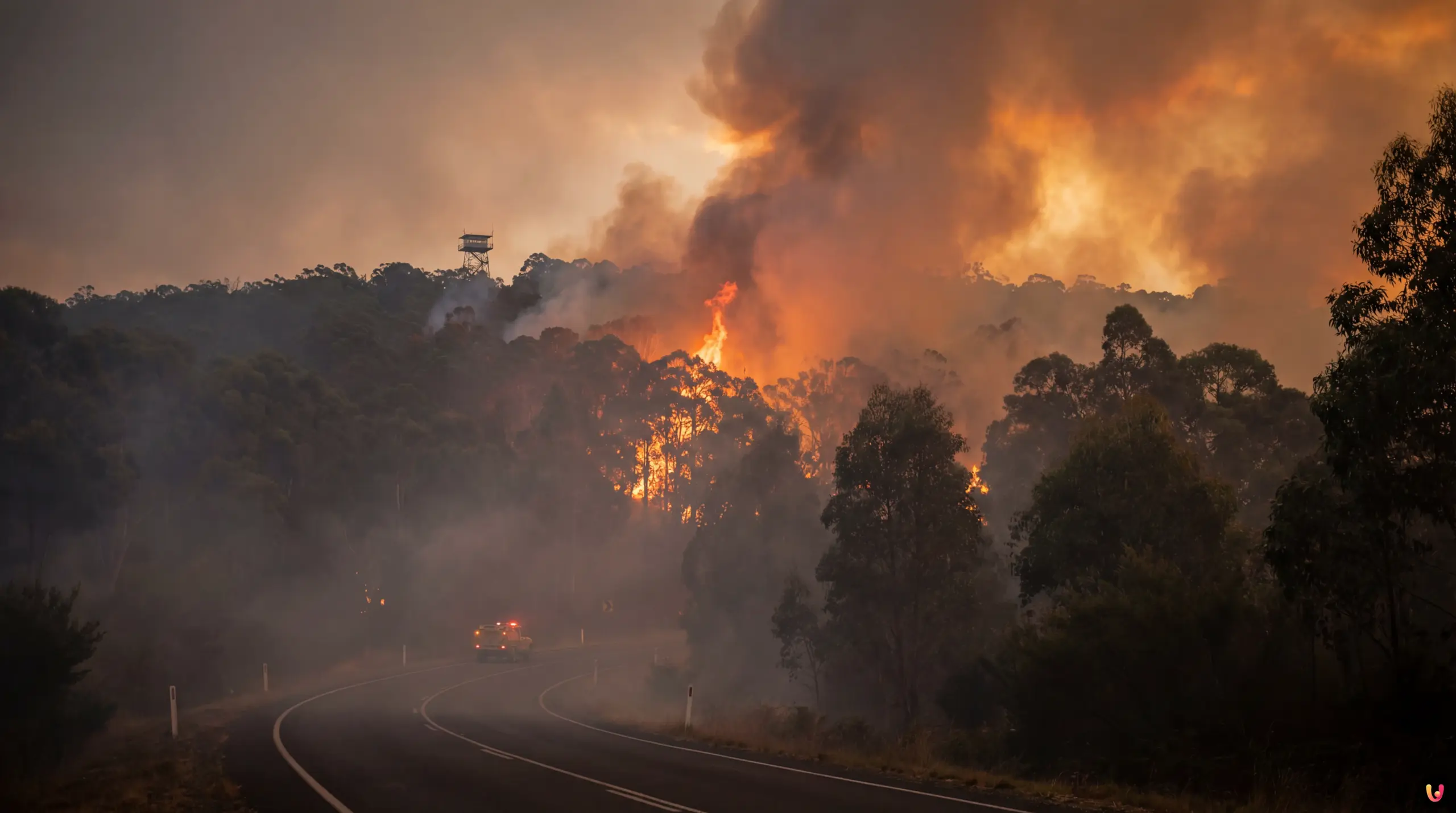 Victoria Otways Bushfire Jumps Containment Lines Thick smoke and flames rising from the forest in Great Otway National Park during a bushfire