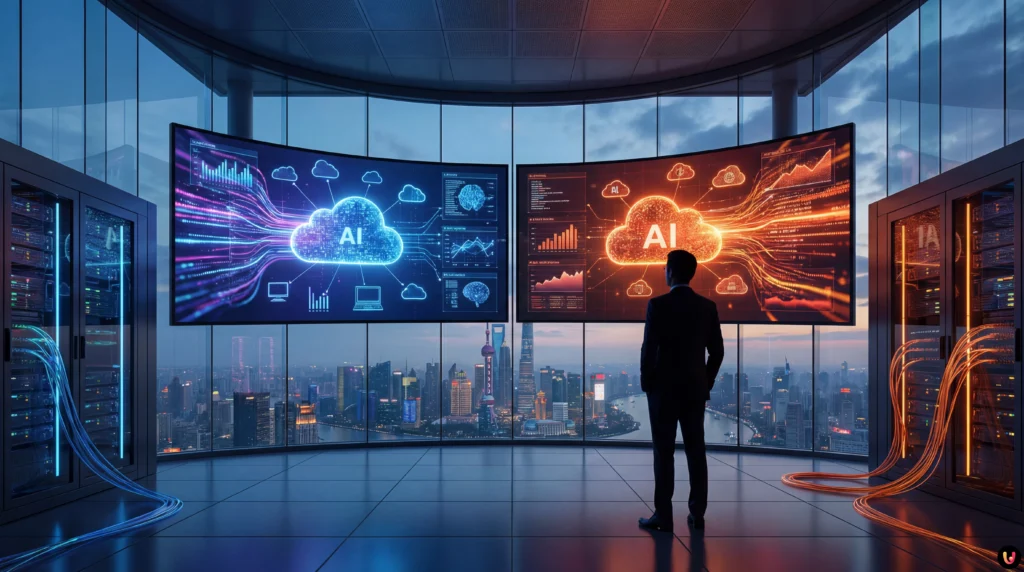 Grafica futuristica dello scontro tra ByteDance e Alibaba nel cloud computing