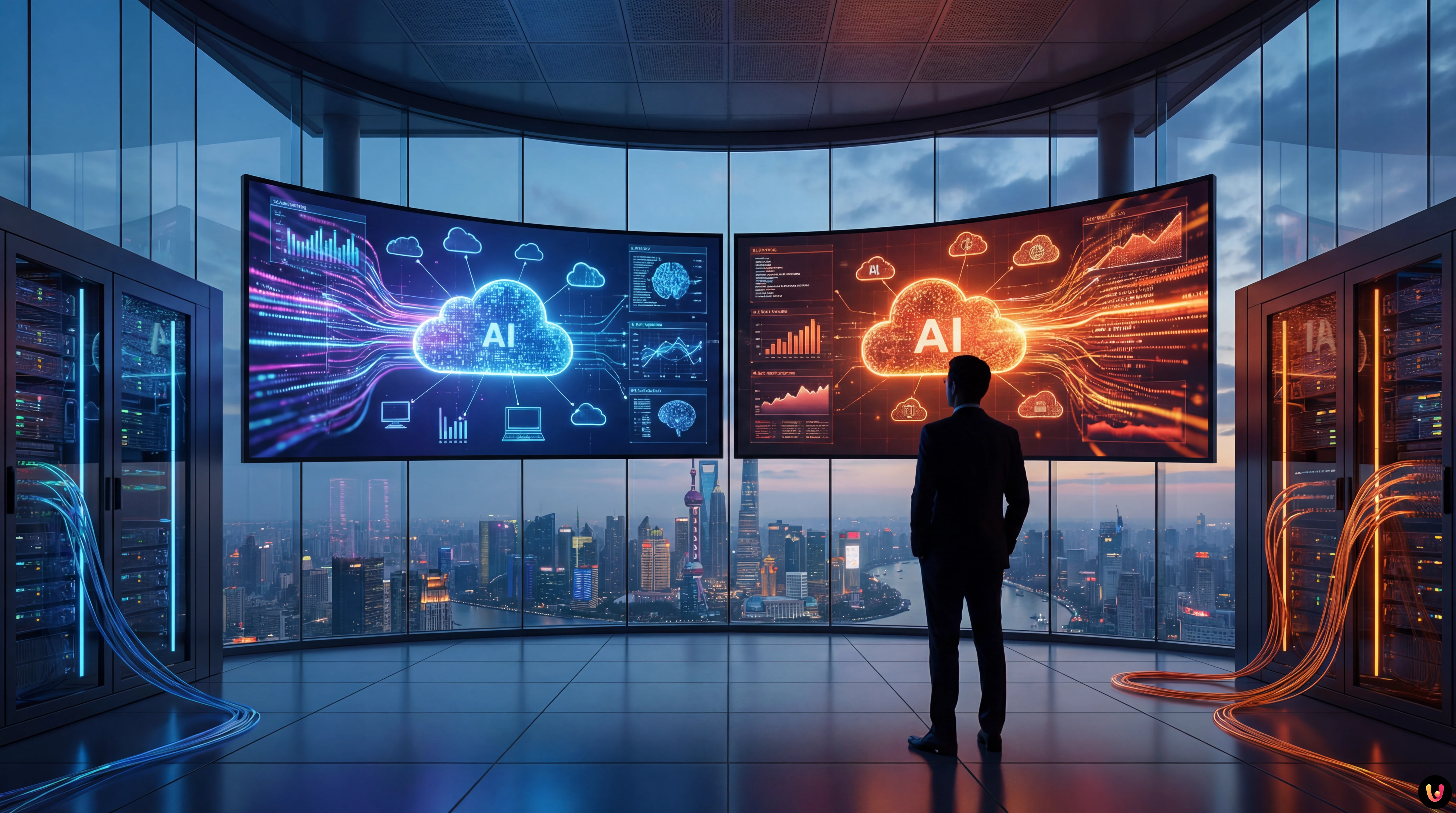 Sfida IA e Cloud: ByteDance vs Alibaba Grafica futuristica dello scontro tra ByteDance e Alibaba nel cloud computing