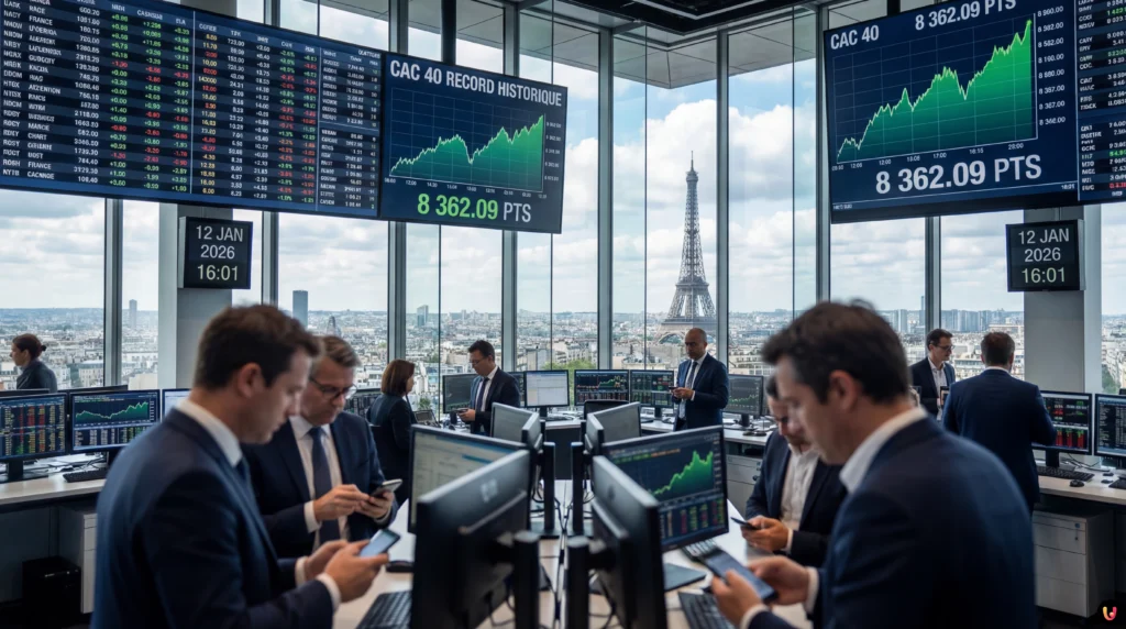 Courbe ascendante du CAC 40 atteignant un record historique à la Bourse de Paris