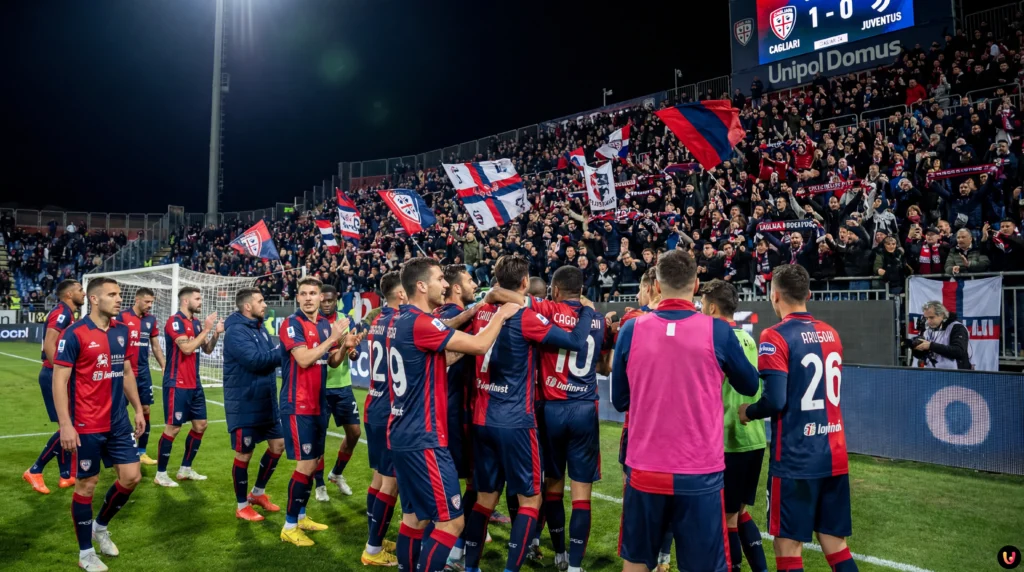 Luca Mazzitelli esulta dopo il gol vittoria in Cagliari-Juve 1-0