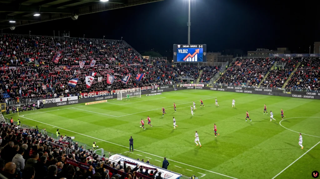 Cagliari-Juventus 0-0 all’Intervallo: Yildiz Infuoca il Web e la Partita Kenan Yildiz della Juventus in azione contro il Cagliari all'Unipol Domus