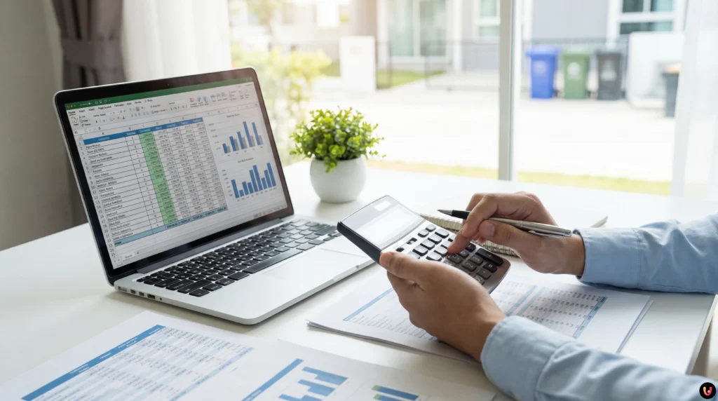 Calcolatrice e documenti fiscali su scrivania per rappresentare il calcolo TARI 2026