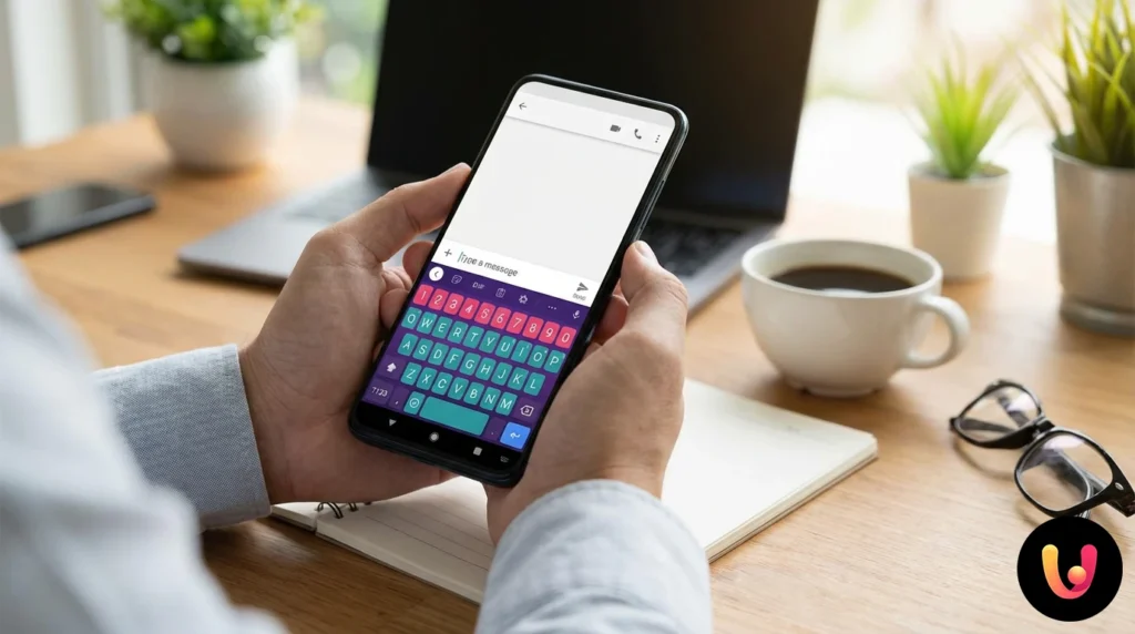 Smartphone con teclado Android personalizado y ajustes de escritura avanzados