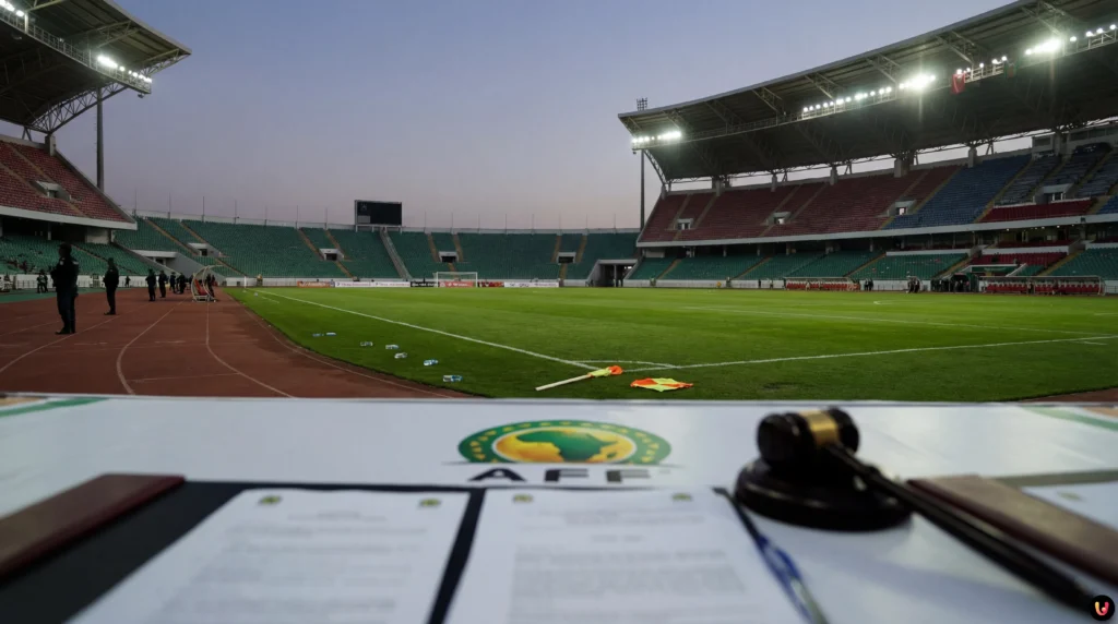 Joueurs alg&eacute;riens contestant l'arbitre apr&egrave;s le match CAN 2025 contre le Nigeria