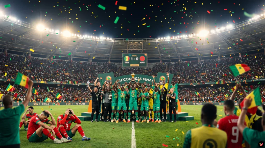 CAN 2025 : Le Sénégal brise le rêve du Maroc et s’offre une deuxième étoile Joueurs du Sénégal célébrant la victoire contre le Maroc en finale de la CAN 2025