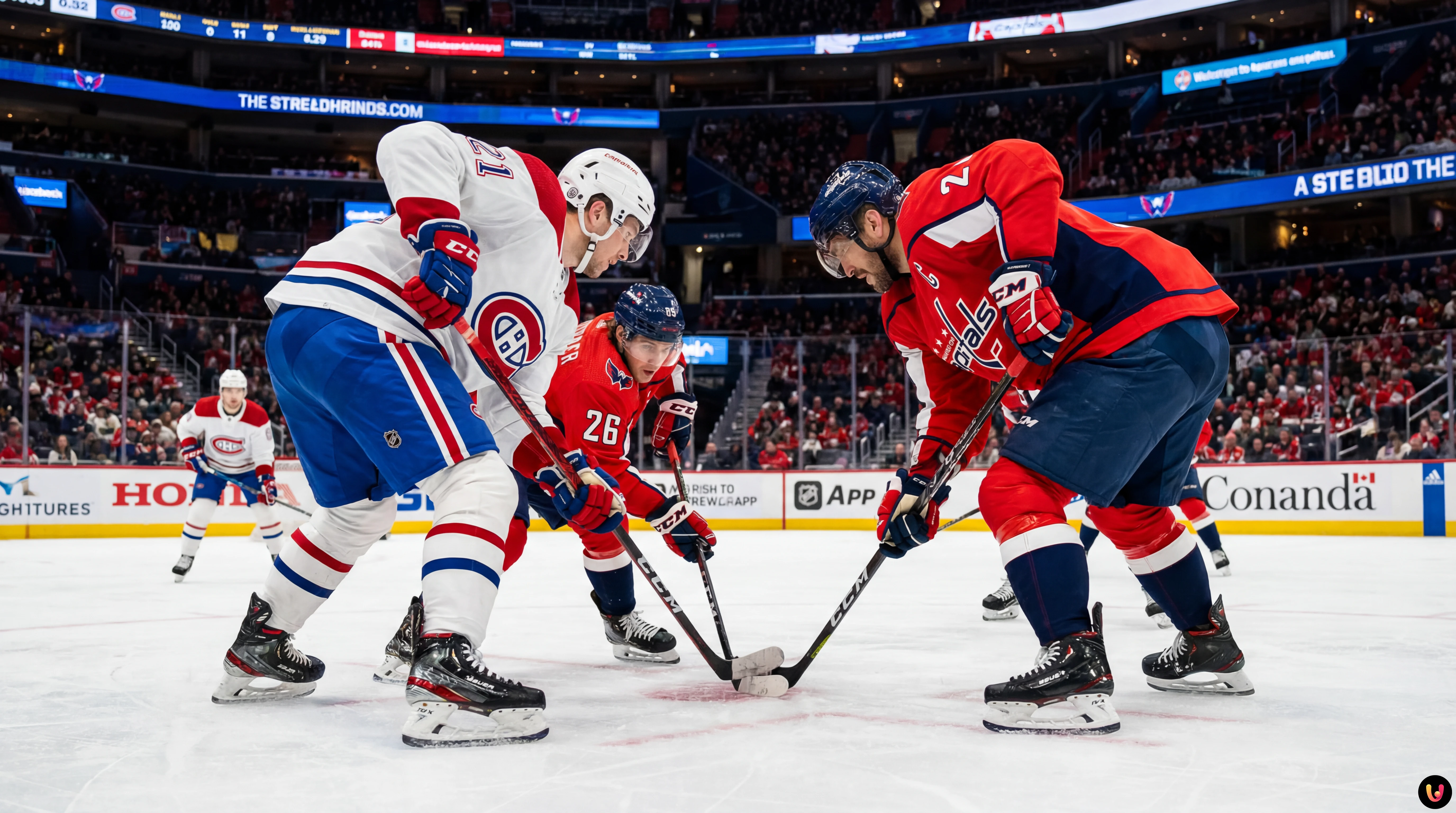 Duel Canadiens vs Capitals : Revanche et séries 2026 Face-à-face intense entre joueurs des Canadiens et des Capitals sur la glace de la LNH