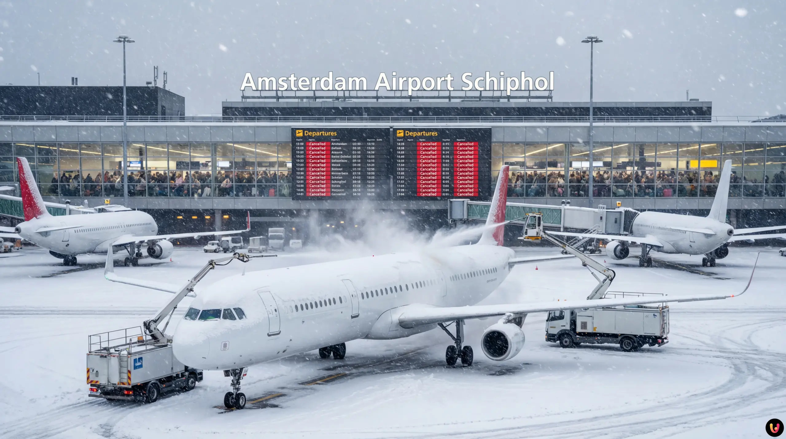 Caos Neve Schiphol: 800 Voli Cancellati e Blocco Aerei fermi sulla pista innevata dell'aeroporto di Schiphol Amsterdam durante la tempesta