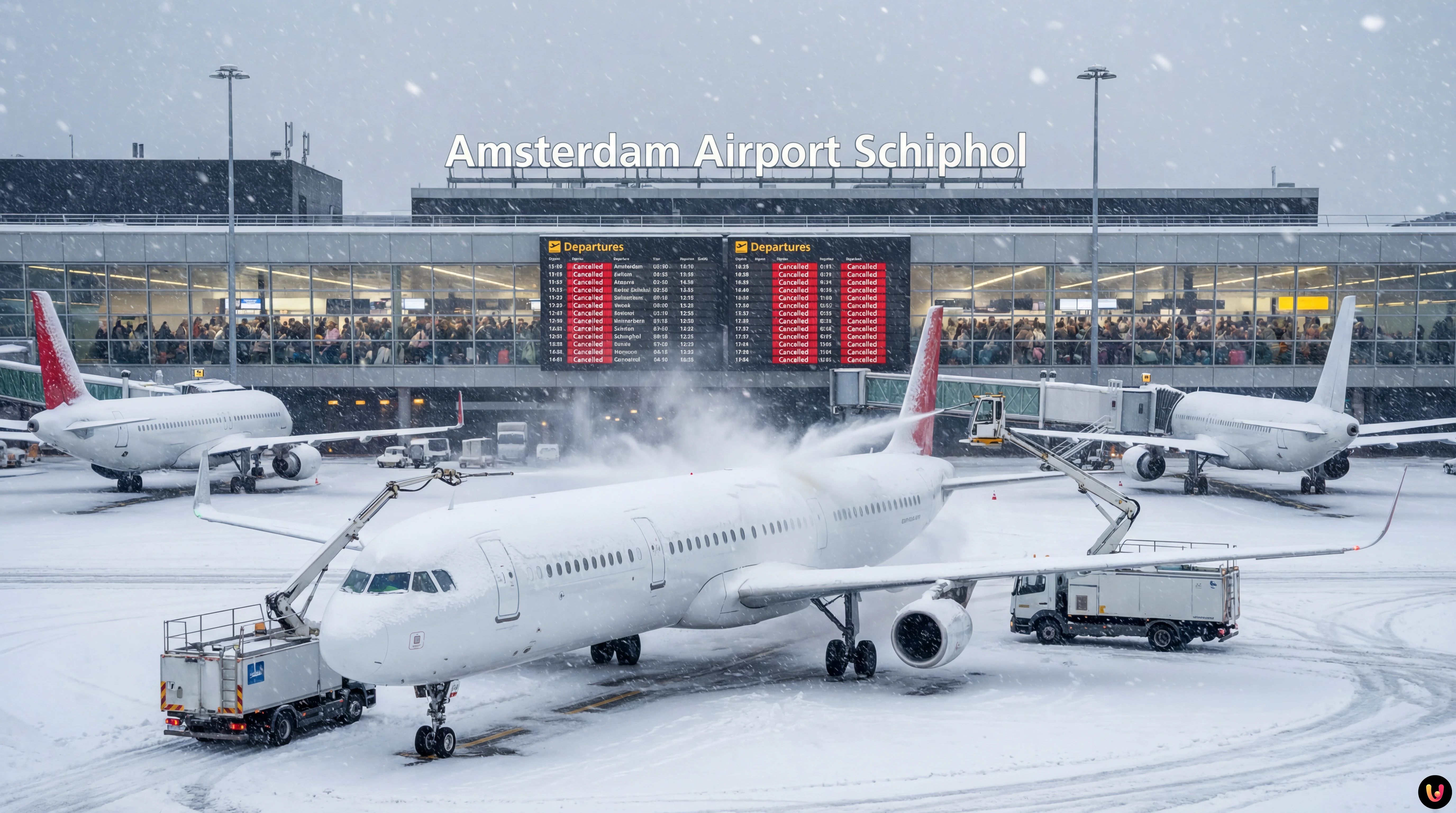 Aerei fermi sulla pista innevata dell'aeroporto di Schiphol Amsterdam durante la tempesta
