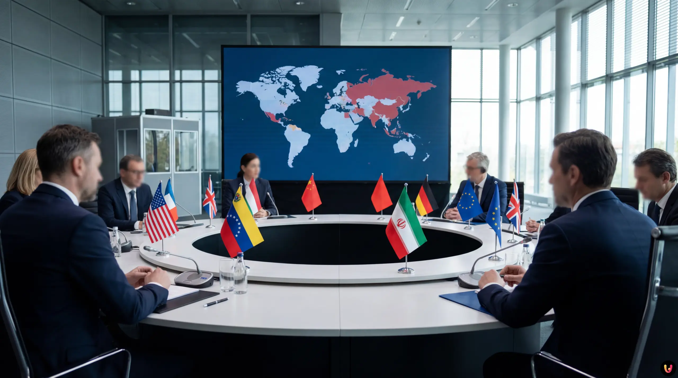 Donald Trump e Nicol&aacute;s Maduro a confronto sullo sfondo della bandiera venezuelana