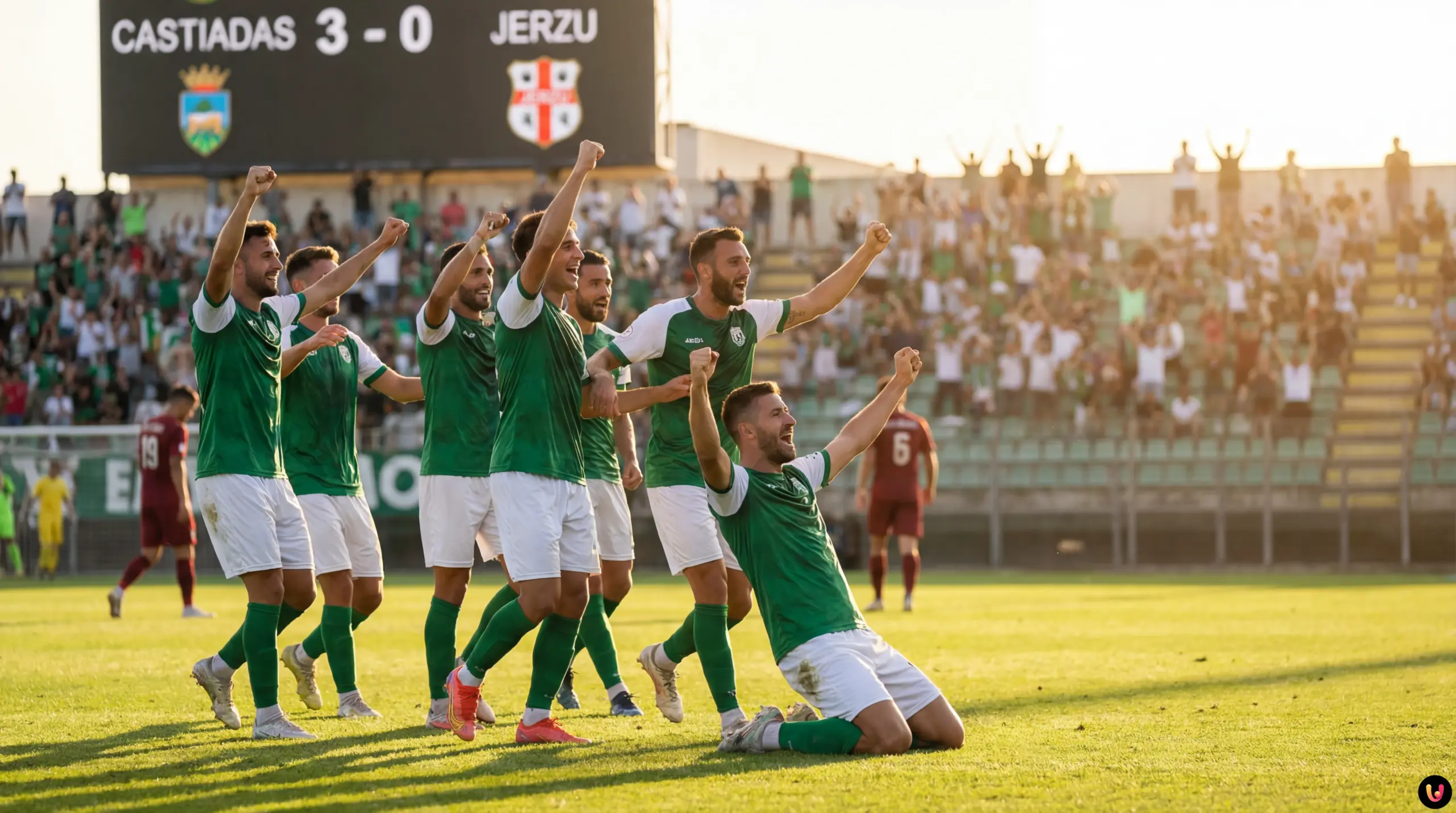 Esultanza squadra Castiadas calcio dopo la vittoria 3-0 contro lo Jerzu