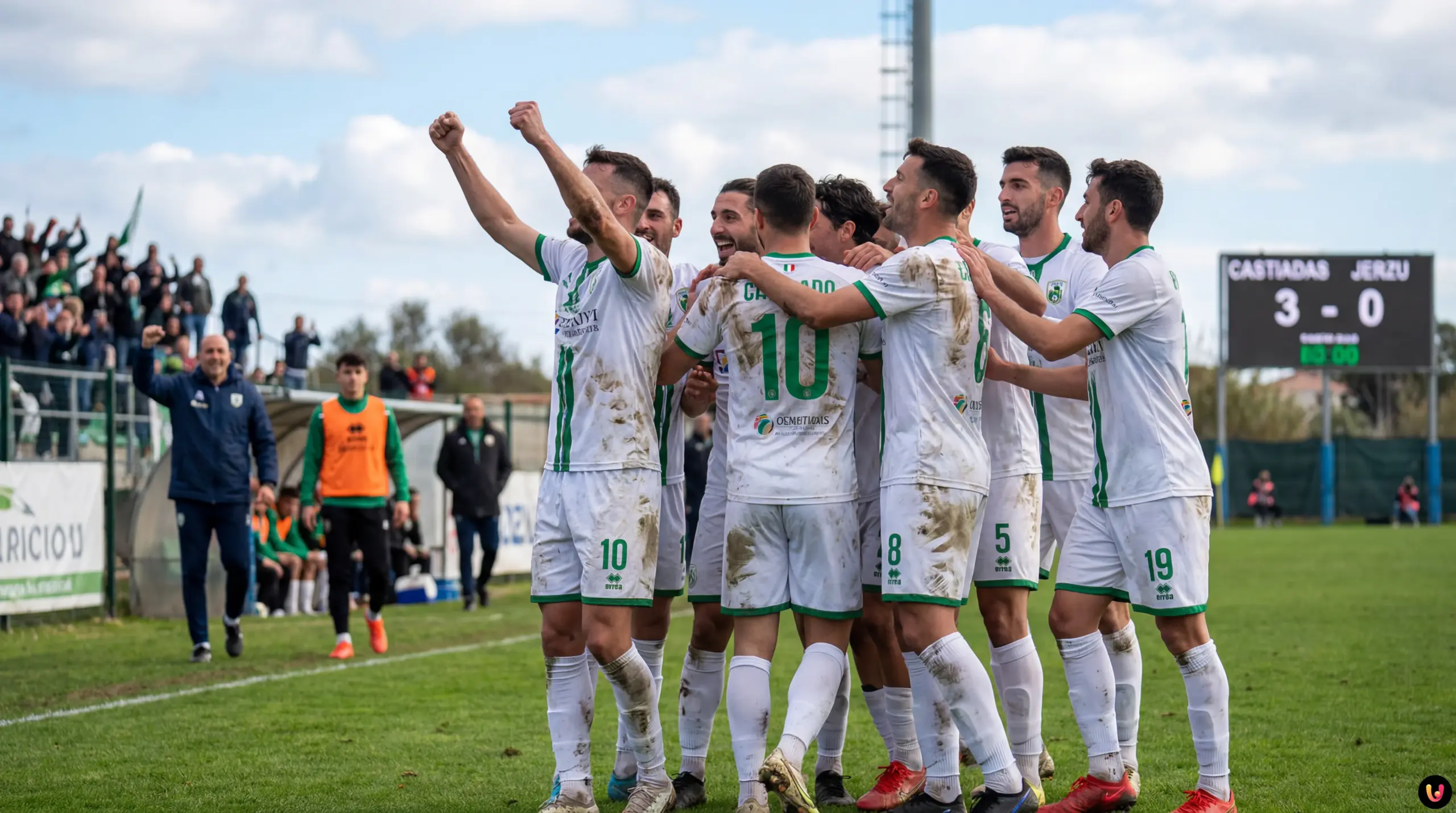 Giocatori del Castiadas calcio esultano in campo dopo la vittoria 3-0 contro il Cannonau Jerzu