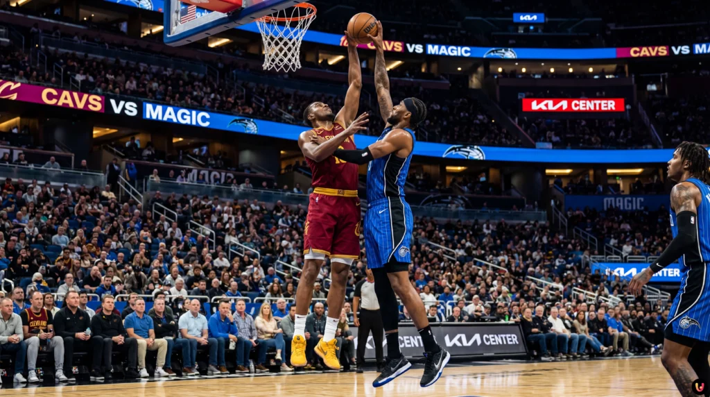 Cleveland Cavaliers vs Orlando Magic basketball players in action during NBA game