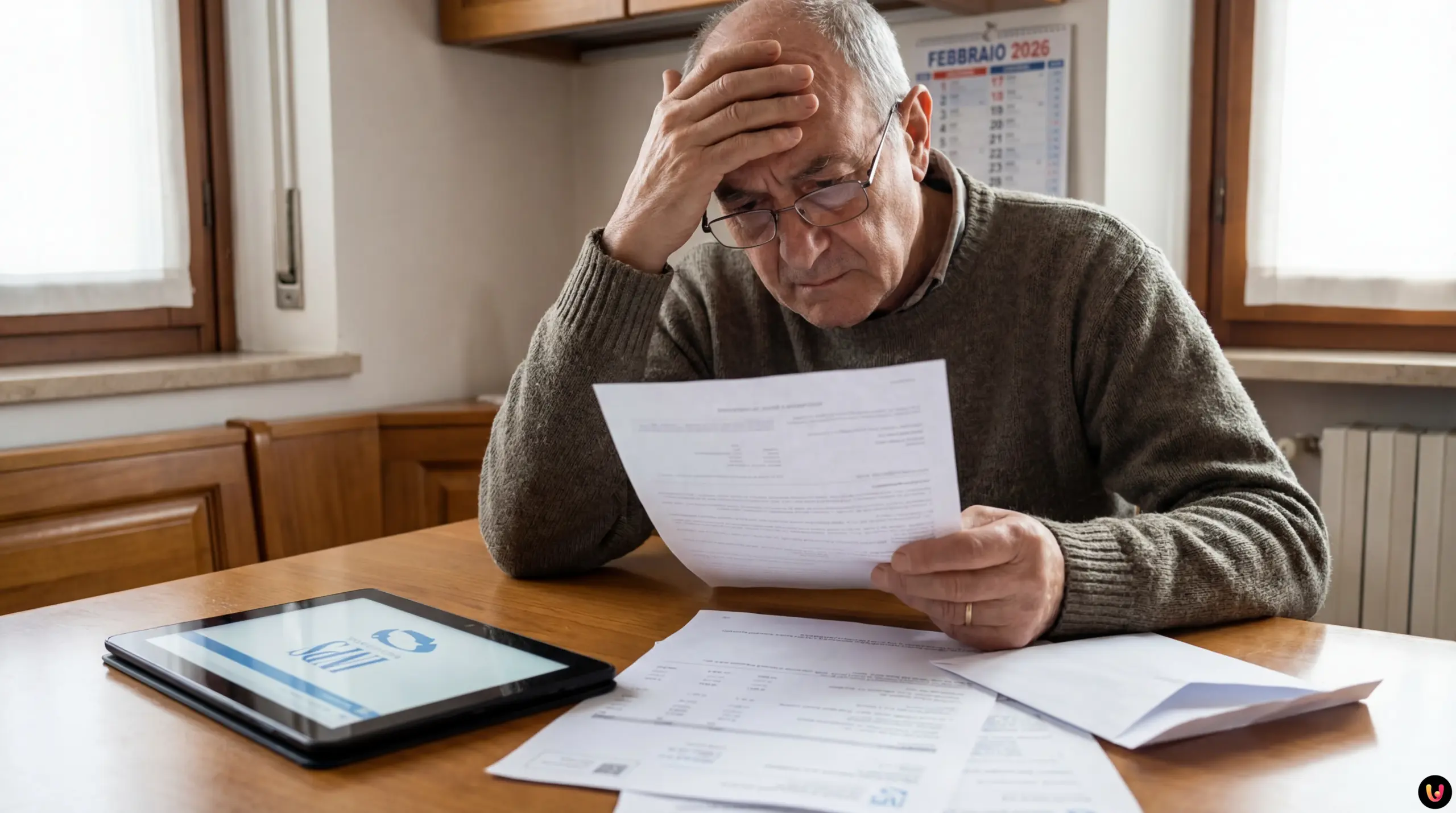 Anziano preoccupato controlla il cedolino della pensione e i conti con una calcolatrice