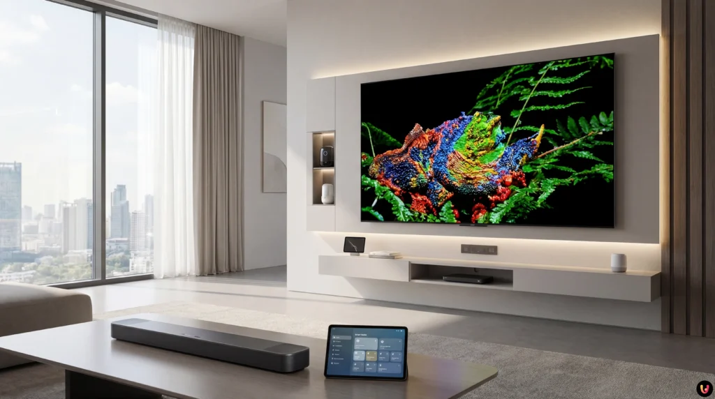 Schermo TV ultra luminoso con tecnologia Micro RGB allo stand del CES 2026 a Las Vegas.