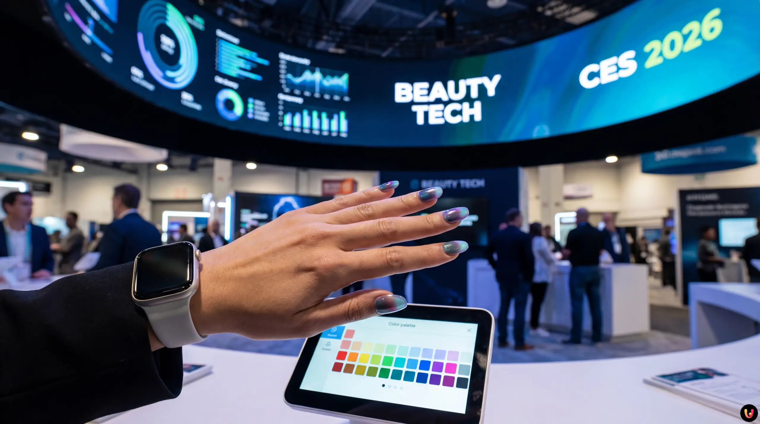 Main avec ongles connect&eacute;s iPolish changeant de couleur via smartphone au CES 2026.