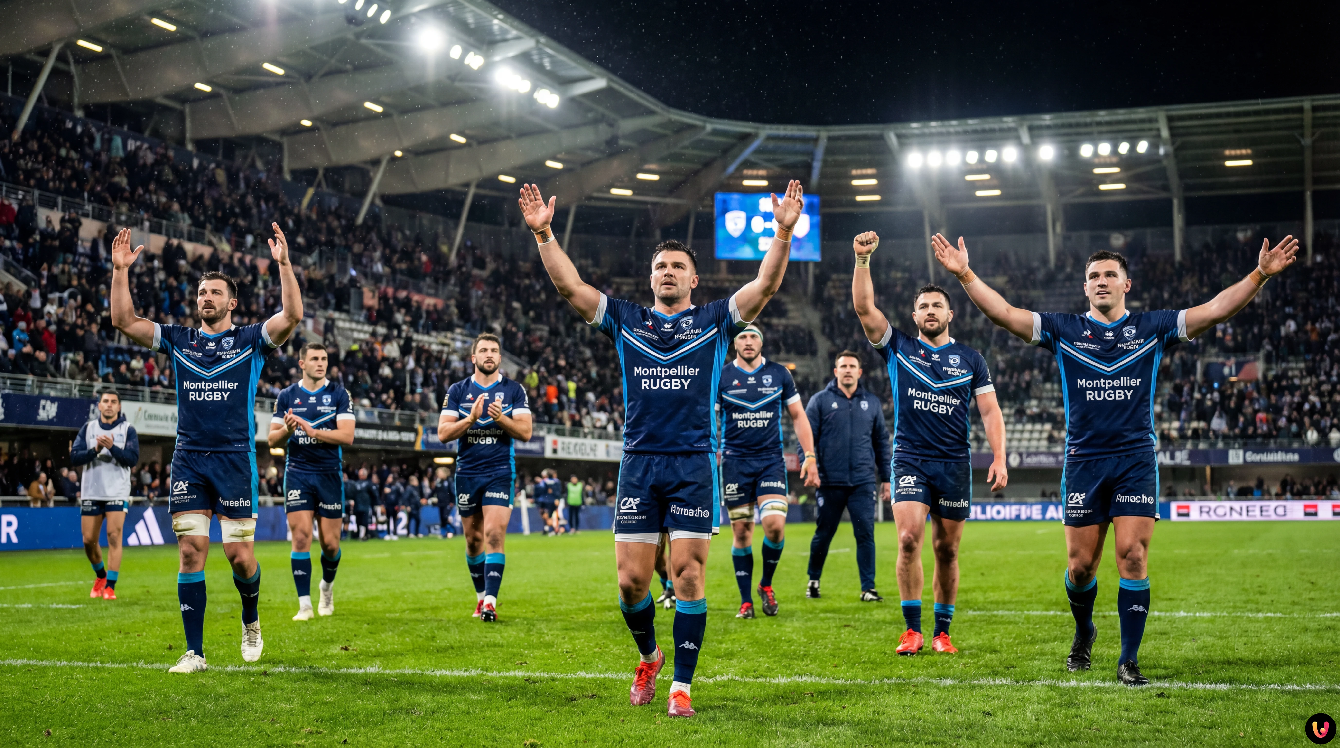 Joueurs du Montpellier Hérault Rugby en action lors de la victoire en Challenge Cup.