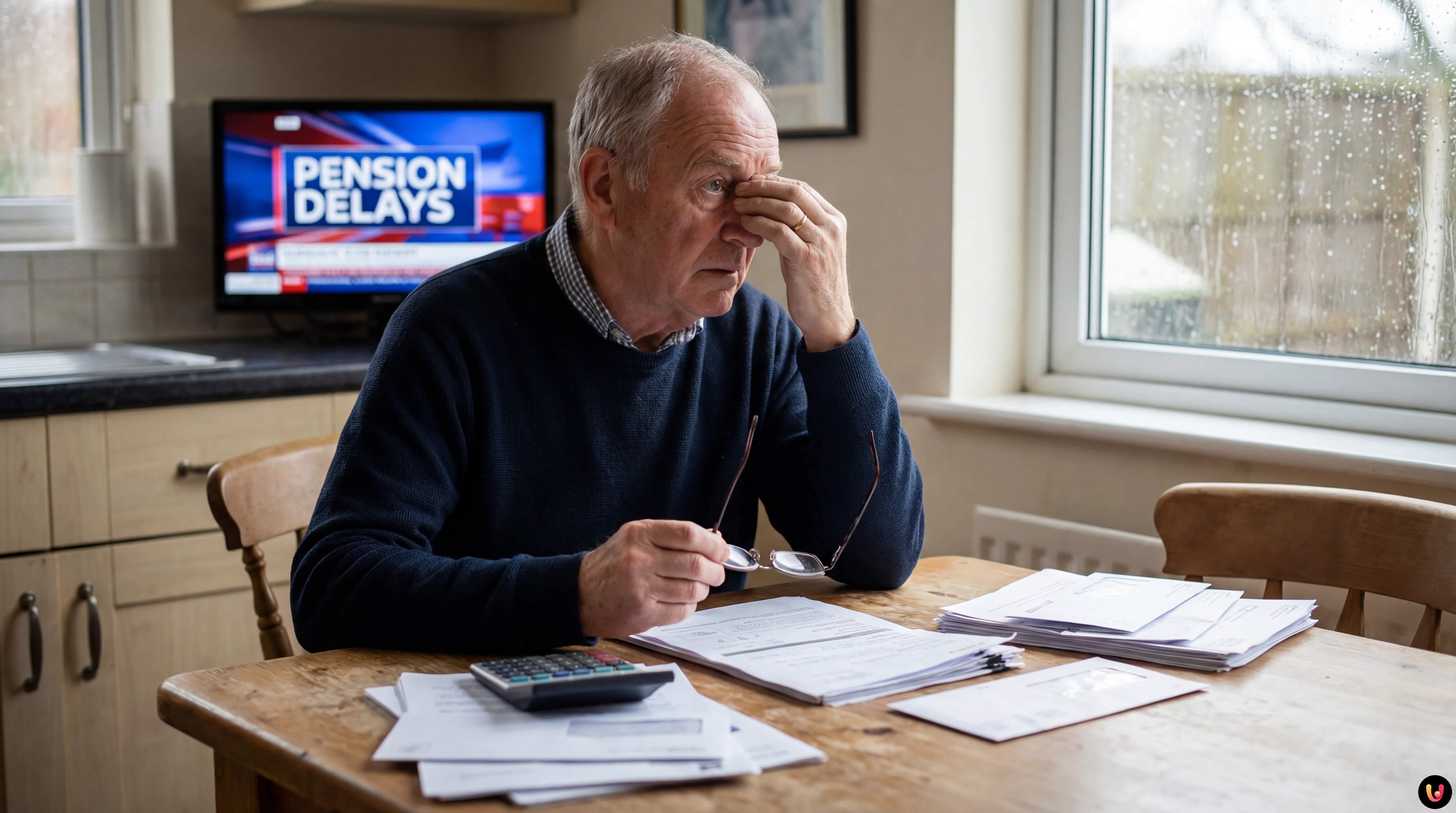 Stressed pensioner reviewing financial documents amid civil service pension delays