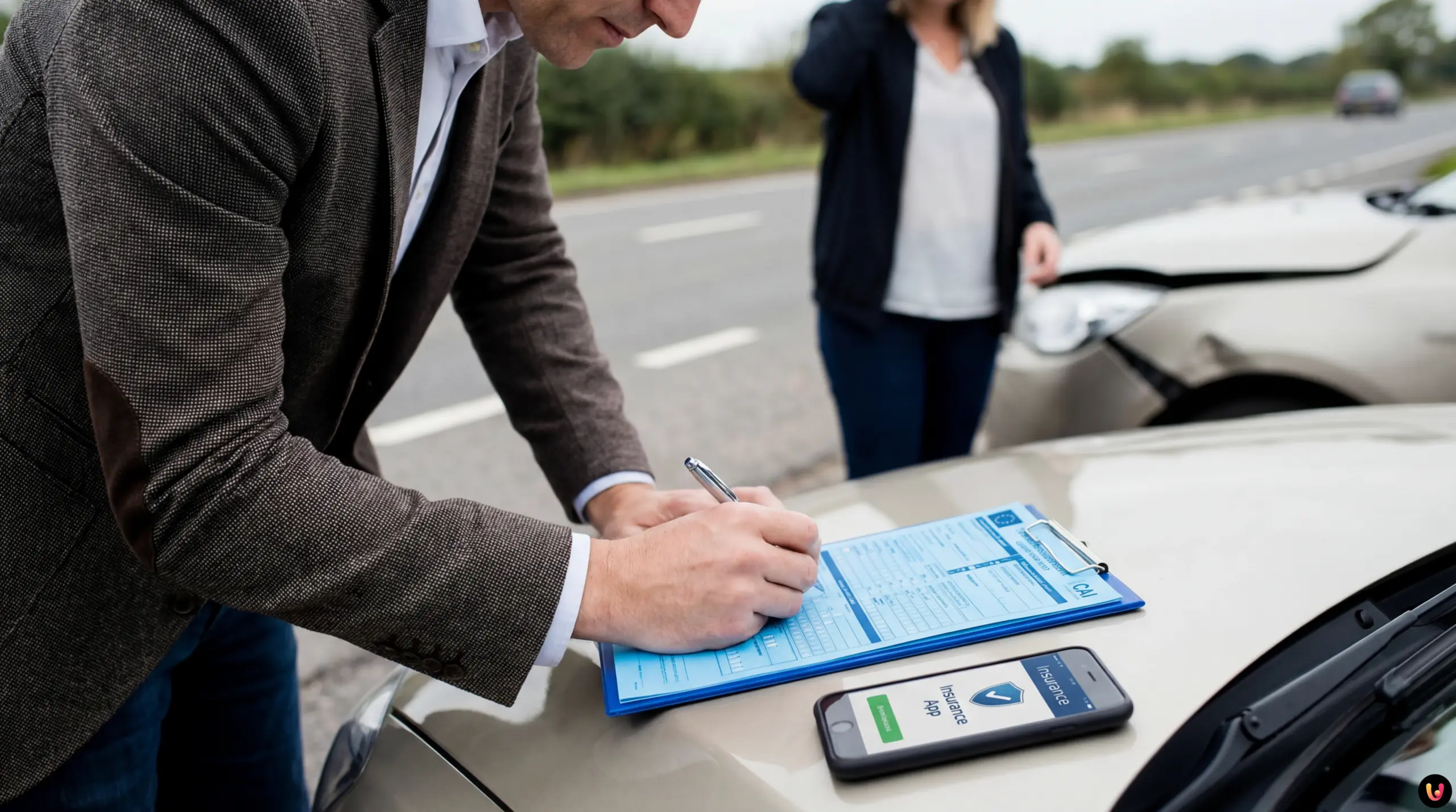 Guida denuncia sinistro e compilazione modulo CAI Automobilisti compilano il modulo CAI su un'auto dopo un incidente stradale
